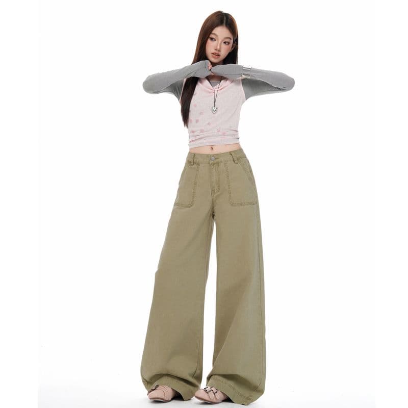 실사 새로운 얕은 살구 색상 순면 넓은 다리 로우 웨이스트 청바지 여성 루즈핏 슬림해 보이는 디스플레이 높음 도루 센스 캐주얼 바지 이미지 5
