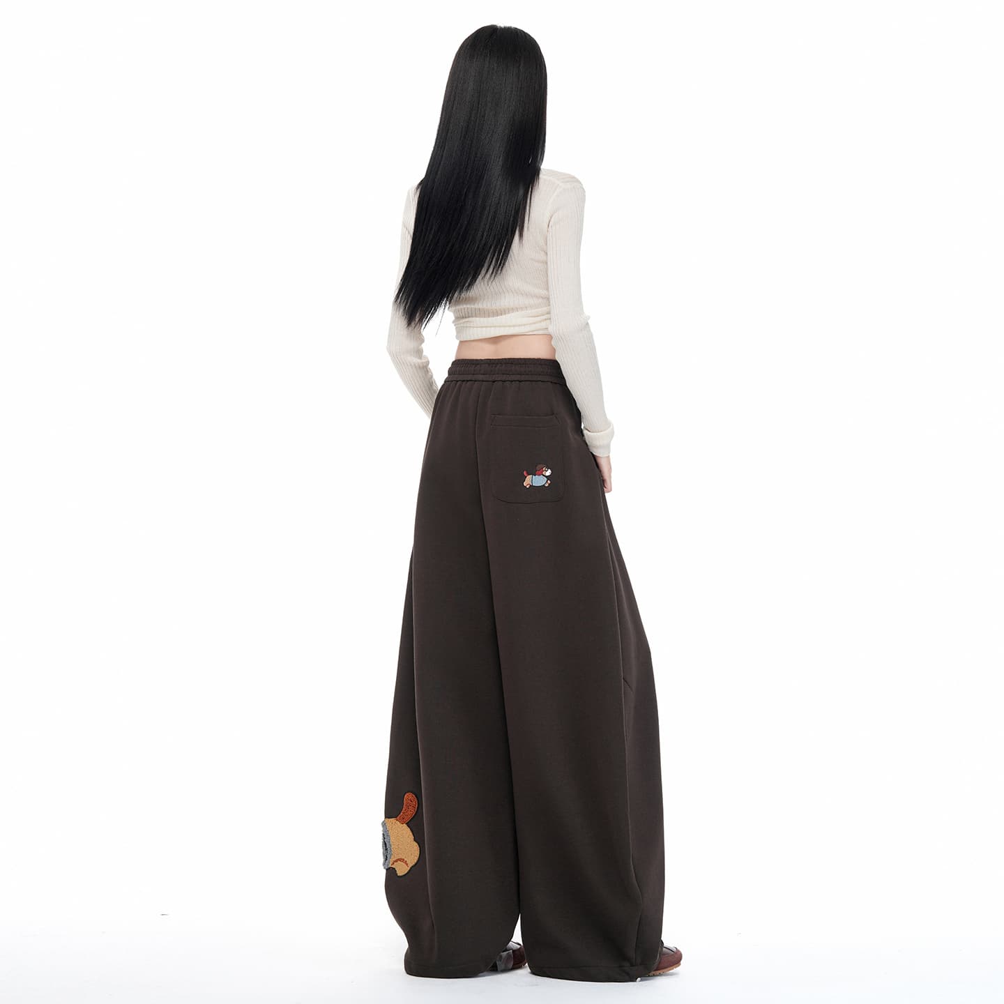 실사 당겨서 로프 개 산책 자수 모통이 칼 와이드 레깅스 바지 루즈핏 캐주얼 느긋한 도루 센스 다용도 긴 바지 이미지 3