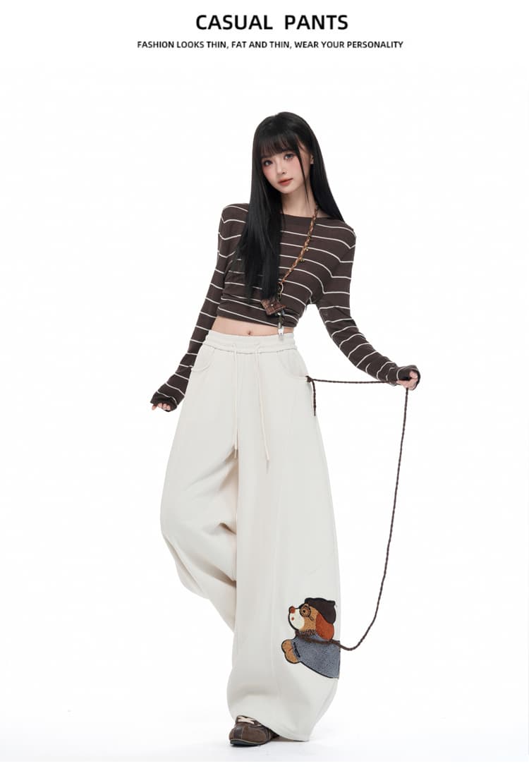 실사 당겨서 로프 개 산책 자수 모통이 칼 와이드 레깅스 바지 루즈핏 캐주얼 느긋한 도루 센스 다용도 긴 바지 상세 이미지 12