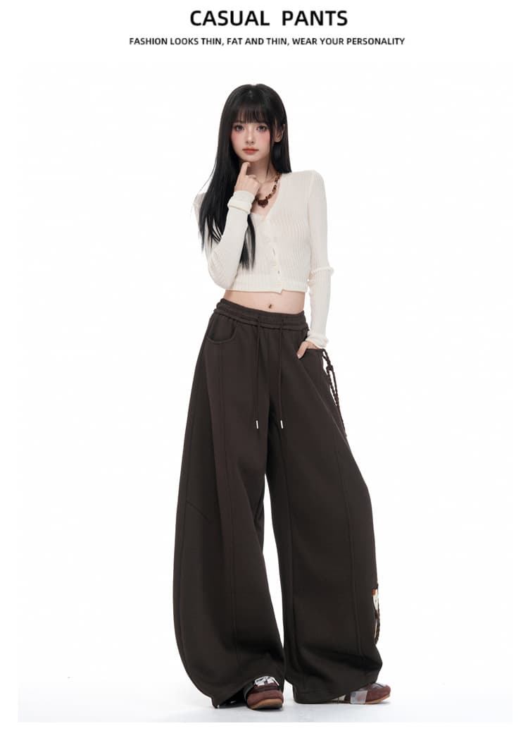실사 당겨서 로프 개 산책 자수 모통이 칼 와이드 레깅스 바지 루즈핏 캐주얼 느긋한 도루 센스 다용도 긴 바지 상세 이미지 18