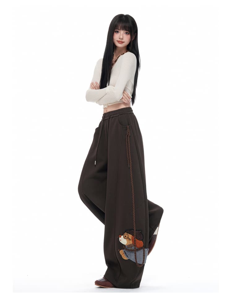 실사 당겨서 로프 개 산책 자수 모통이 칼 와이드 레깅스 바지 루즈핏 캐주얼 느긋한 도루 센스 다용도 긴 바지 상세 이미지 19