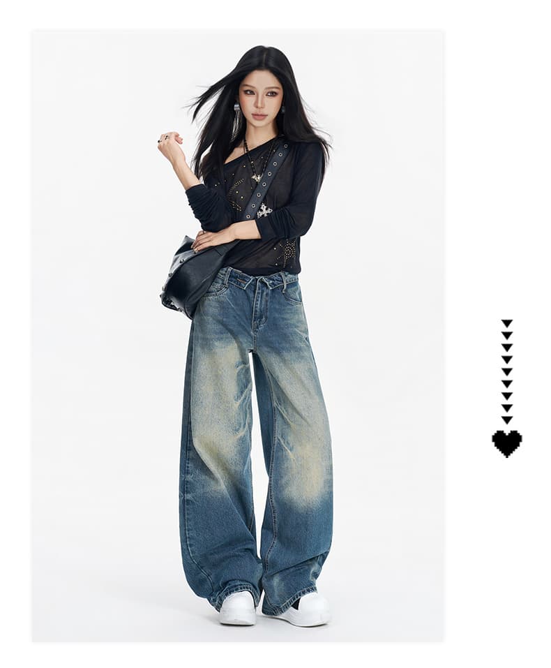 실사 아메리칸 레트로 뒤집다 허리 머리 뒤집다 측면 디자인 섹션 캐주얼 바지 워싱 마 오래된 넓은 다리 스트레이트 바닥 청소 청바지 상세 이미지 7