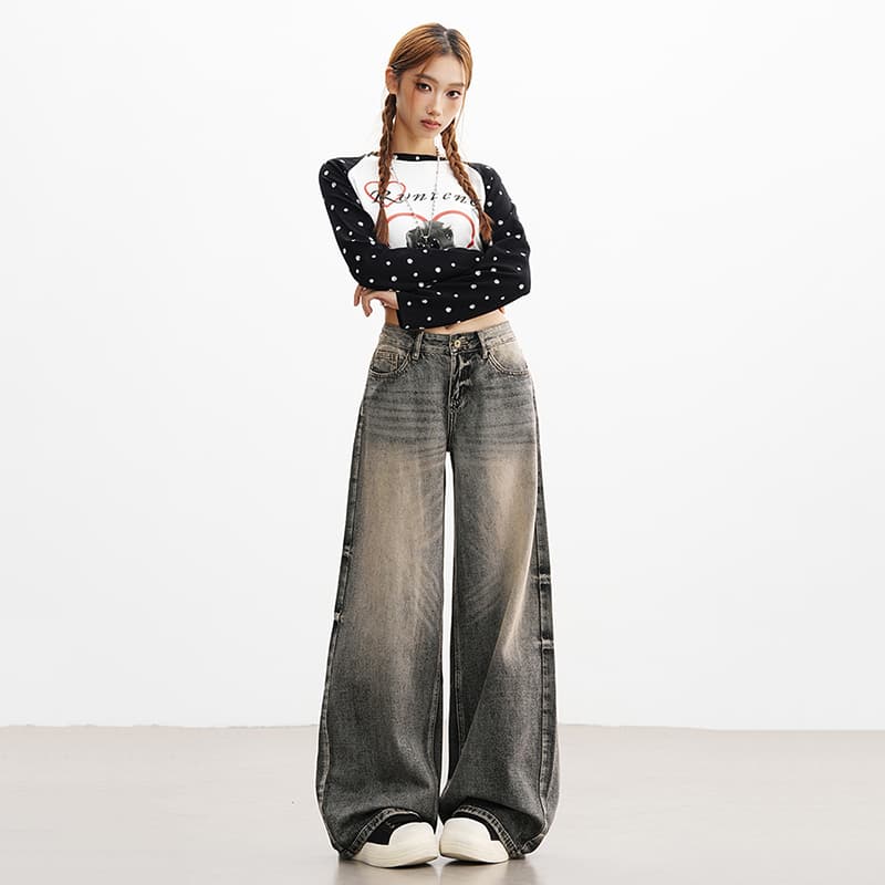 실사 2026 아메리칸 새로운 레트로 워싱 블랙 넓은 다리 청바지 여성 가을 새로운 루즈핏 캐주얼 바지 이미지 5