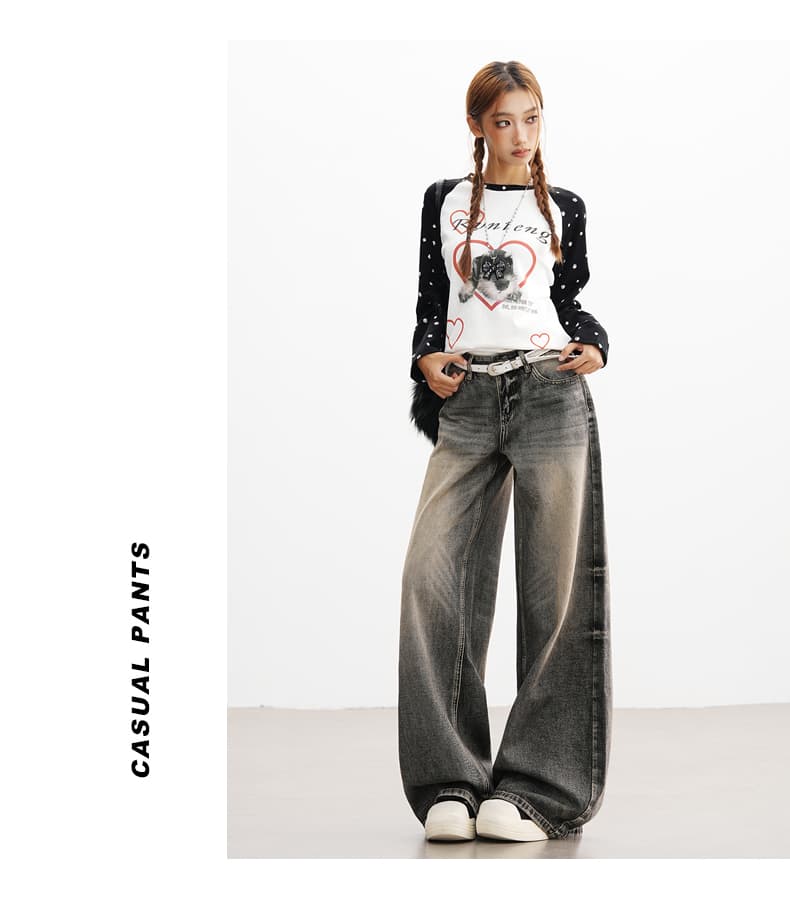실사 2026 아메리칸 새로운 레트로 워싱 블랙 넓은 다리 청바지 여성 가을 새로운 루즈핏 캐주얼 바지 상세 이미지 12