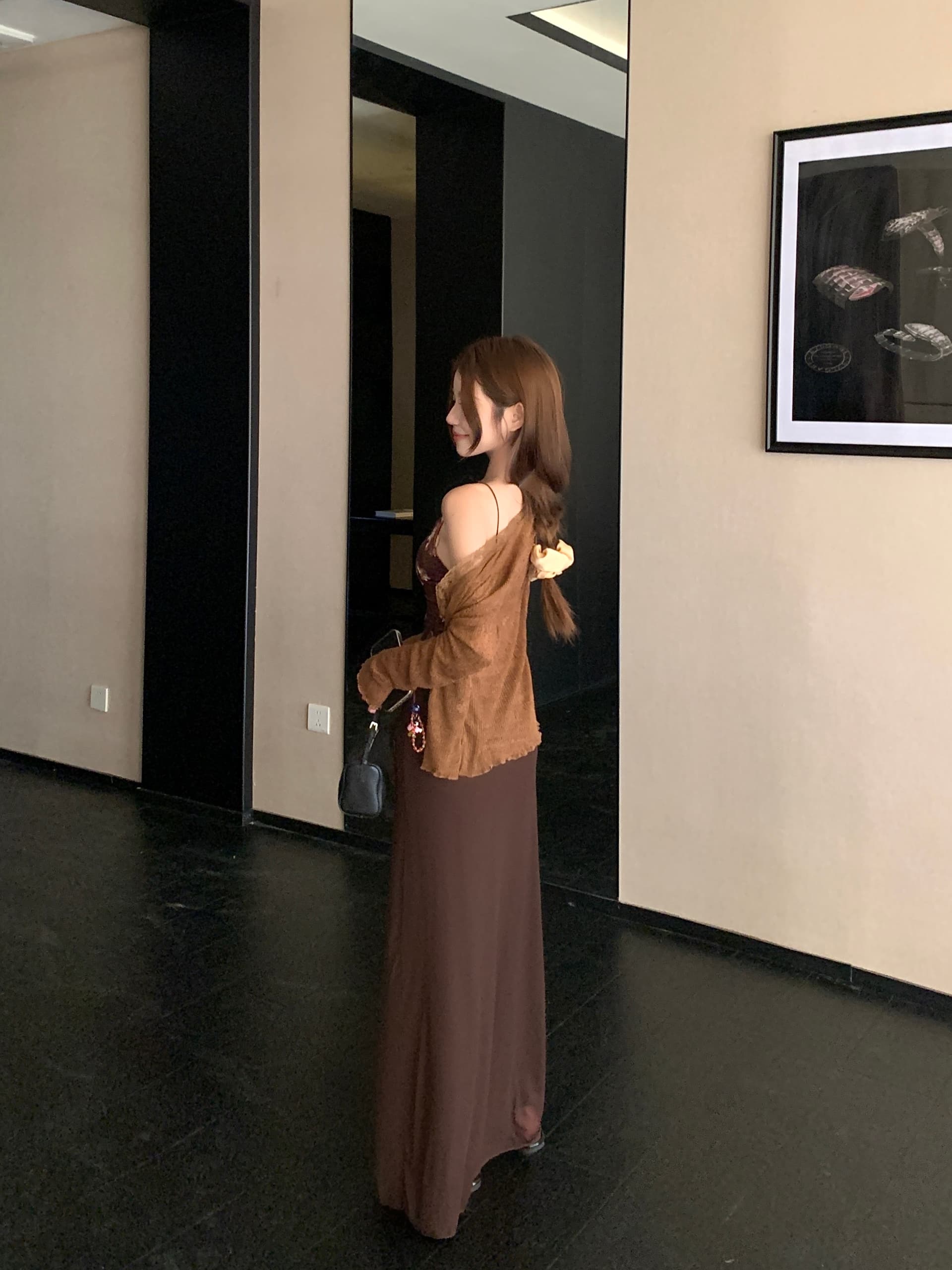정가 실사 느긋한 긴팔 자외선 차단 오픈 가디건 프린트 캐미솔 세트 인어 꼬리 타이트 스커트 반신 스커트 3종 세트 상세 이미지 9