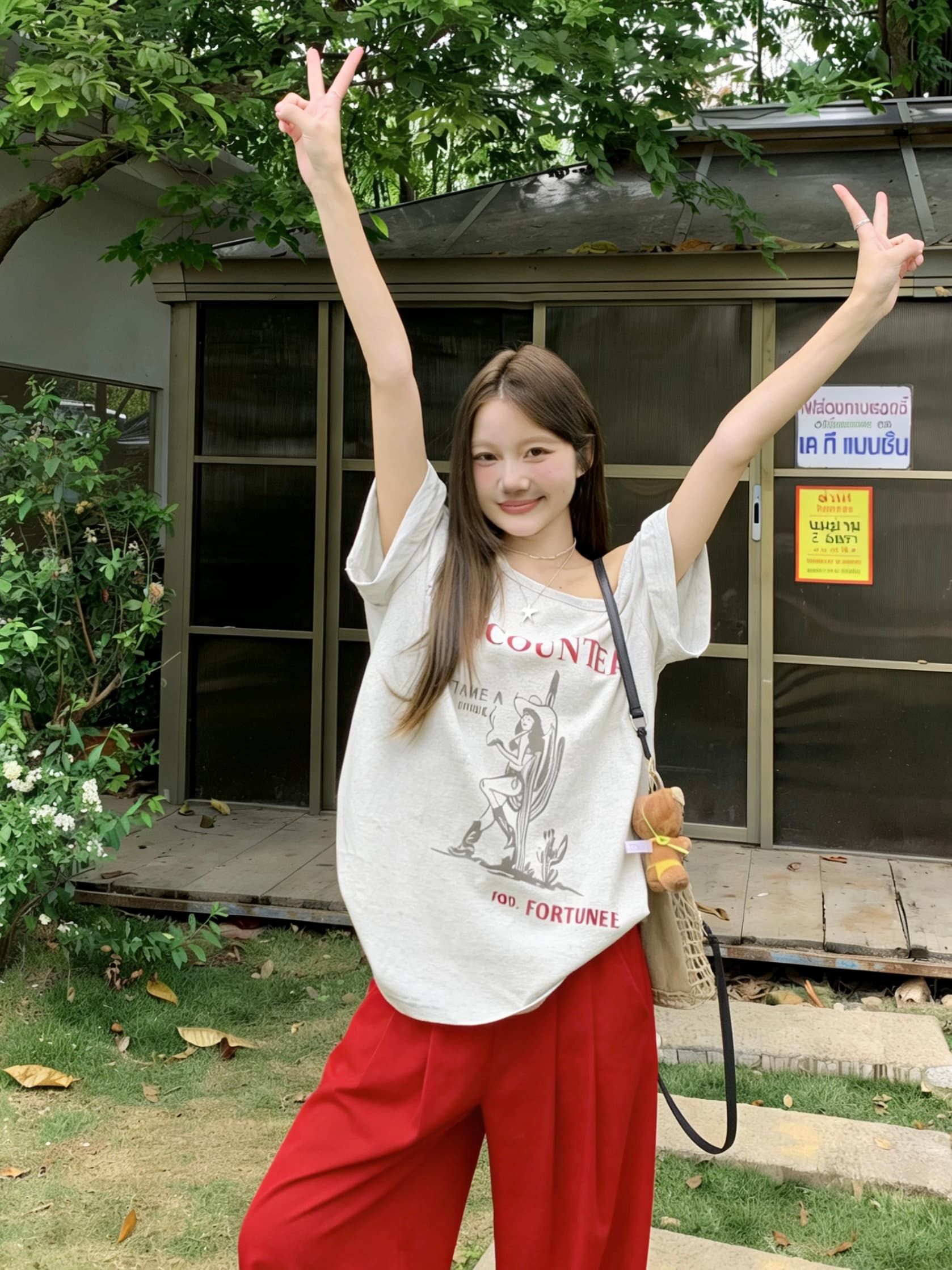 정가 실사 섹시함 오프숄더 티셔츠 여성용 짧은 소매 여름 레트로 프린트 루즈핏 느긋한 바람 작은 대중 루즈핏 맨위 상세 이미지 16