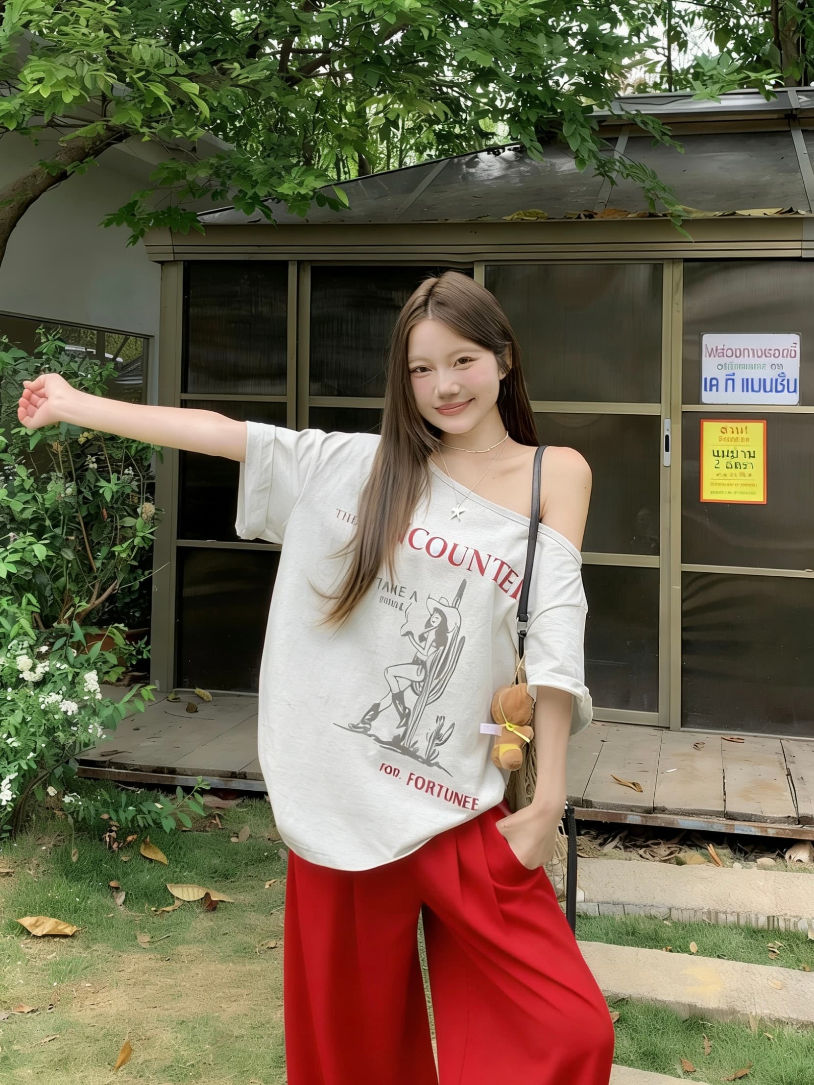 정가 실사 섹시함 오프숄더 티셔츠 여성용 짧은 소매 여름 레트로 프린트 루즈핏 느긋한 바람 작은 대중 루즈핏 맨위 상세 이미지 19