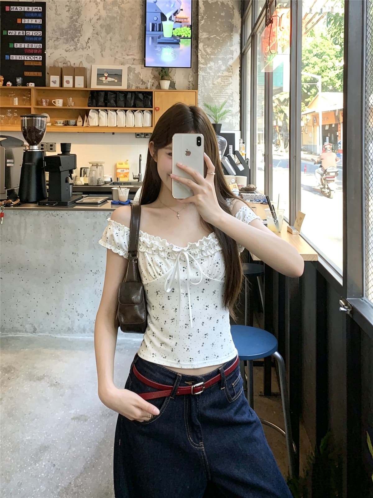정가 실사 발레 휴게 한 부서 달콤함 꽃무늬 프릴 레이스업 거품 소매 티셔츠 반팔 맨위 상세 이미지 1