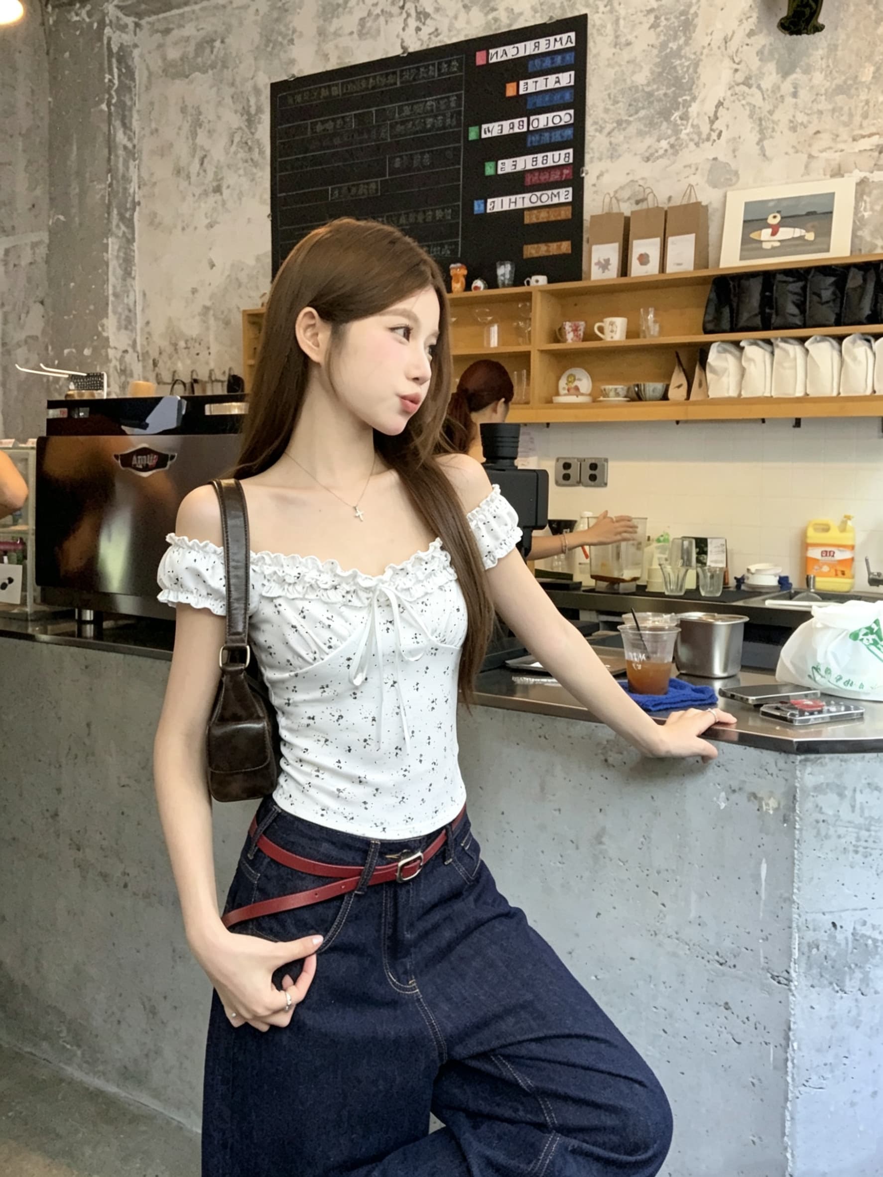 정가 실사 발레 휴게 한 부서 달콤함 꽃무늬 프릴 레이스업 거품 소매 티셔츠 반팔 맨위 상세 이미지 4
