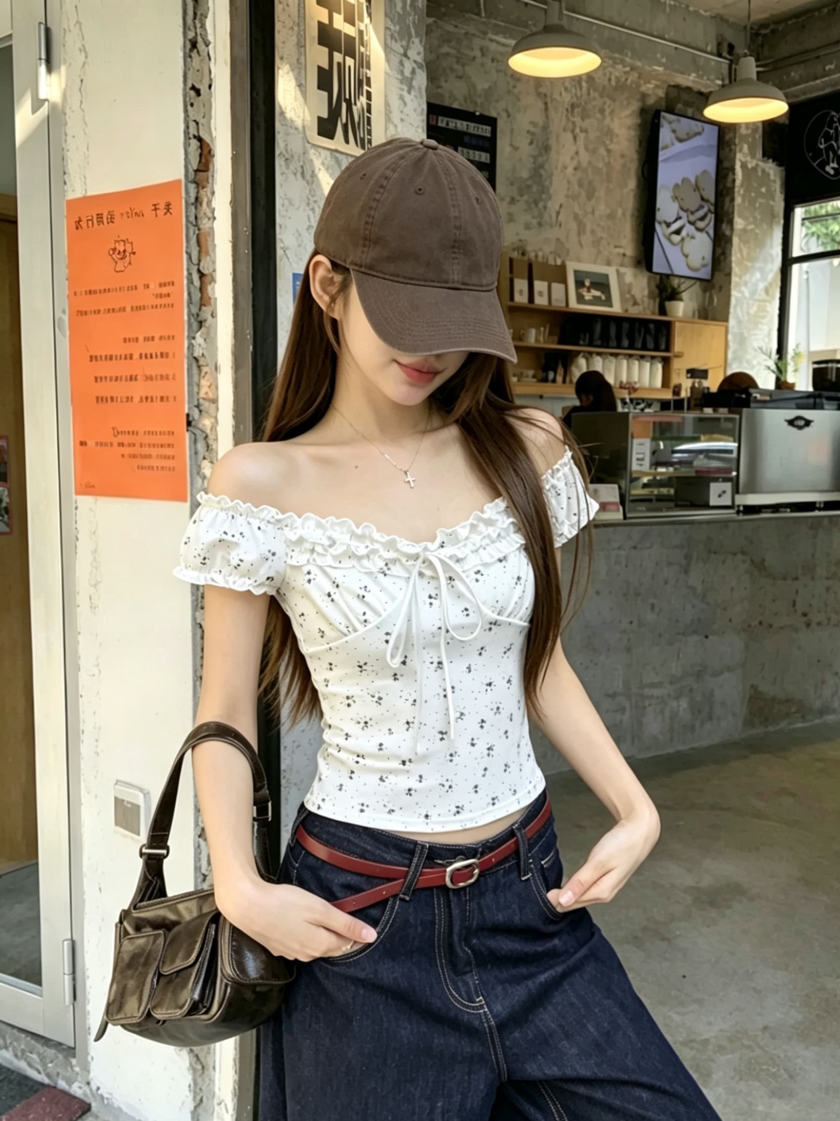 정가 실사 발레 휴게 한 부서 달콤함 꽃무늬 프릴 레이스업 거품 소매 티셔츠 반팔 맨위 상세 이미지 9