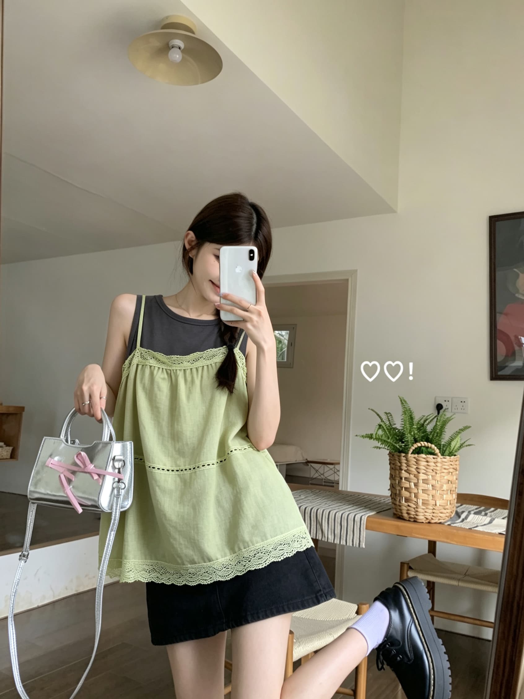 정가 실사 녹색 레이스 조각 슬립 미니멀리즘 몸매 가꾸기 민소매 투피스 조끼 여성 2026 여름 섹션 상세 이미지 1