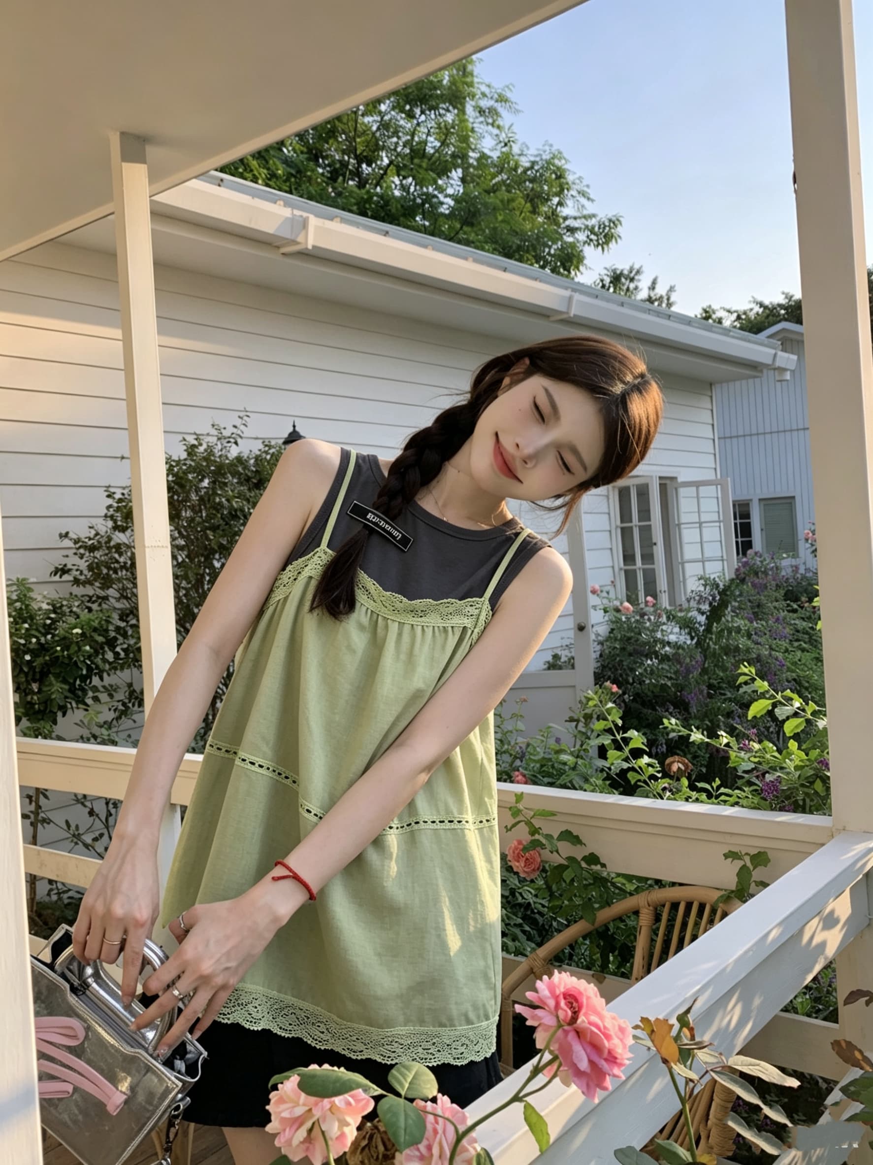 정가 실사 녹색 레이스 조각 슬립 미니멀리즘 몸매 가꾸기 민소매 투피스 조끼 여성 2026 여름 섹션 상세 이미지 5