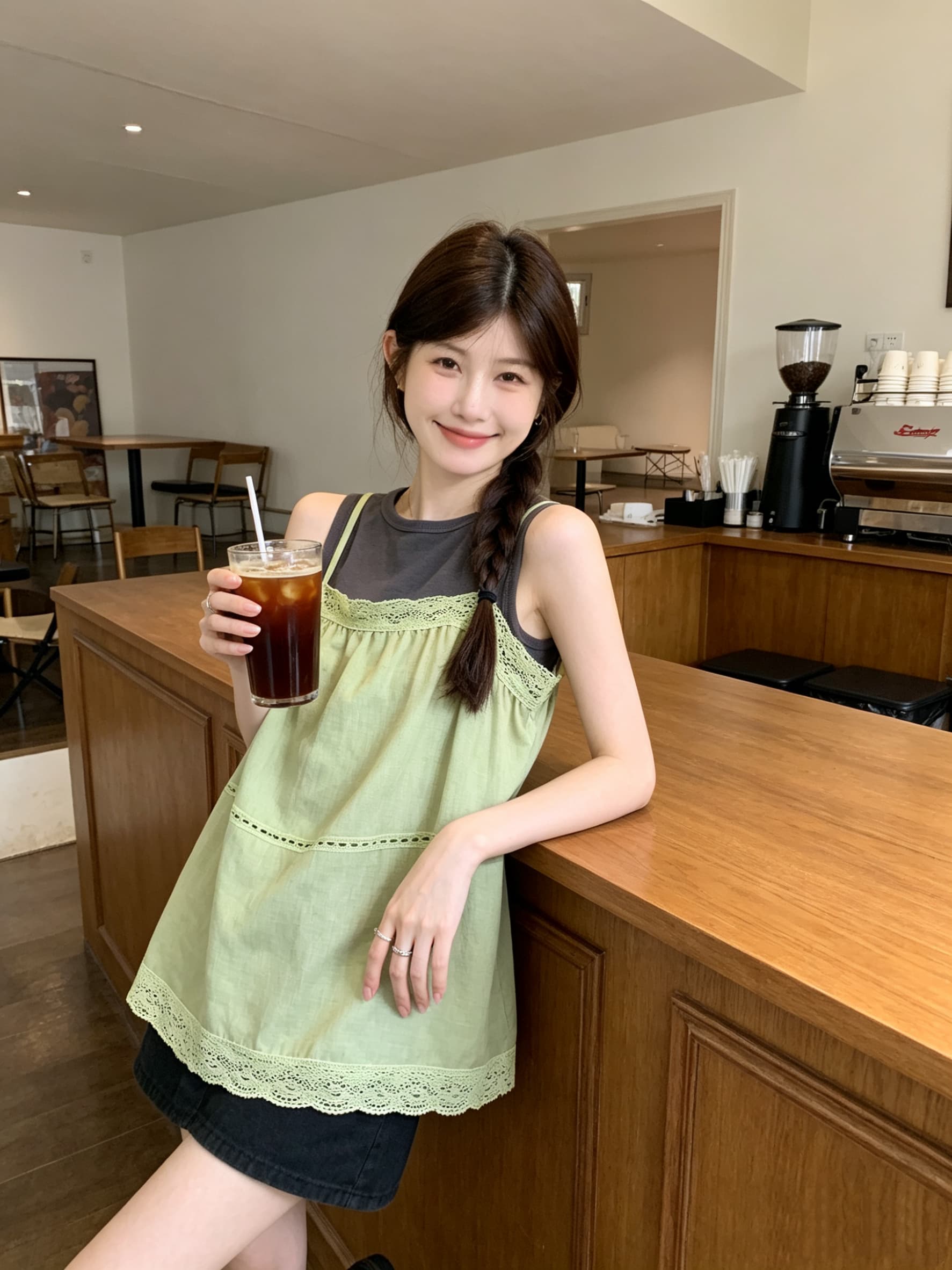 정가 실사 녹색 레이스 조각 슬립 미니멀리즘 몸매 가꾸기 민소매 투피스 조끼 여성 2026 여름 섹션 상세 이미지 7