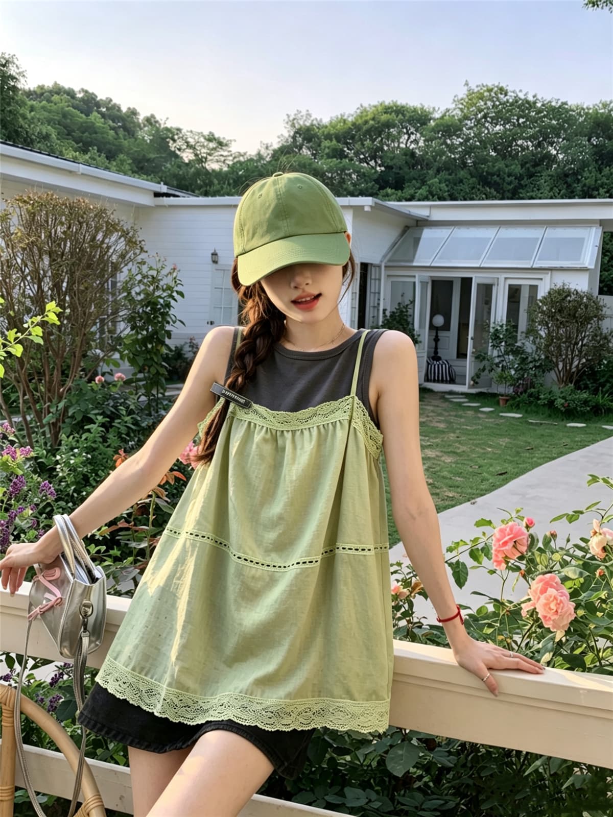 정가 실사 녹색 레이스 조각 슬립 미니멀리즘 몸매 가꾸기 민소매 투피스 조끼 여성 2026 여름 섹션 상세 이미지 8