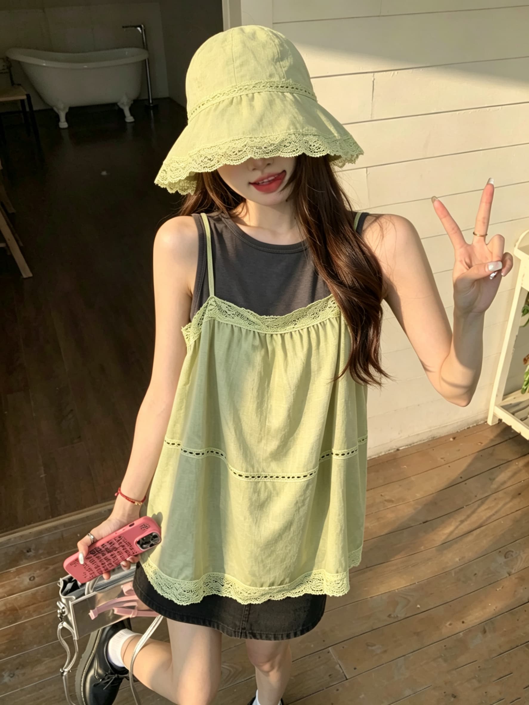 정가 실사 녹색 레이스 조각 슬립 미니멀리즘 몸매 가꾸기 민소매 투피스 조끼 여성 2026 여름 섹션 상세 이미지 11