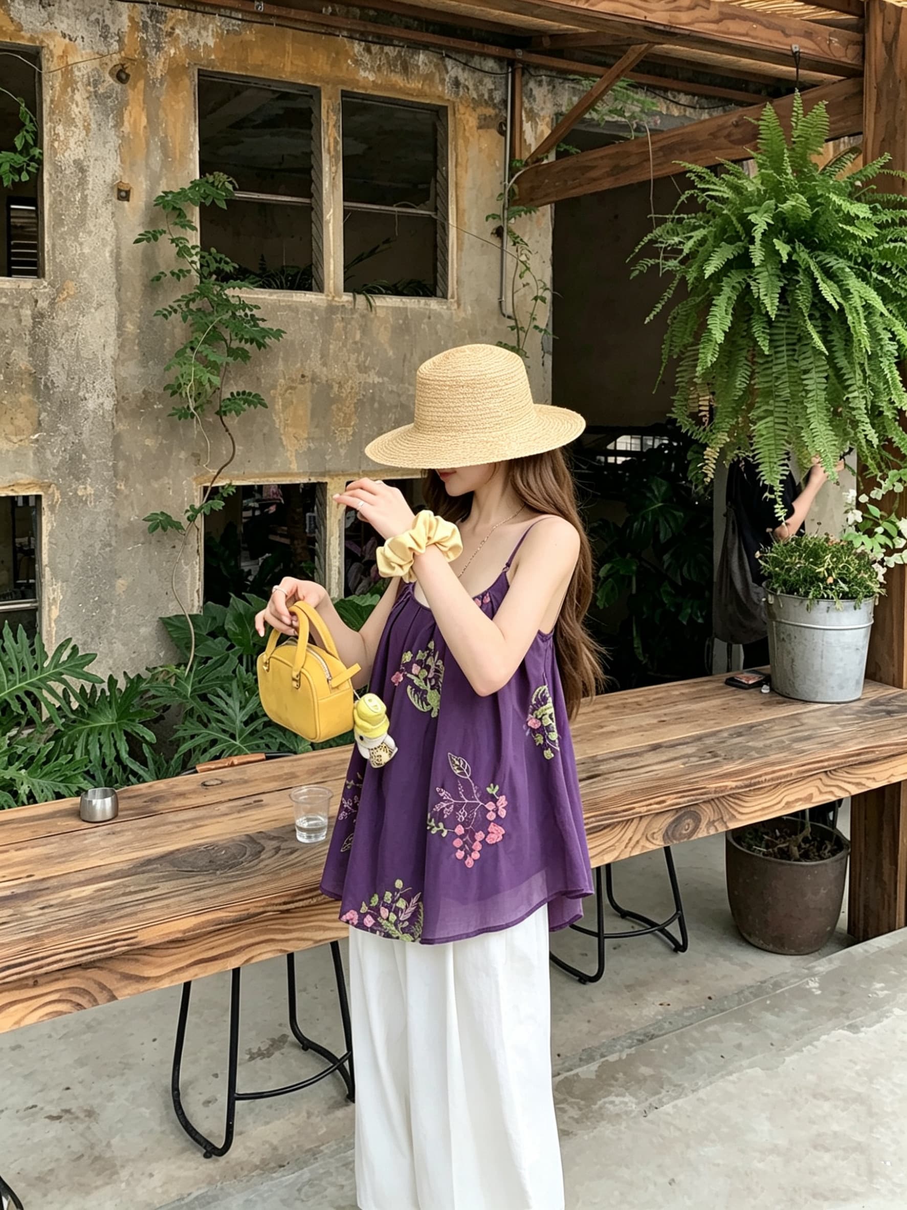 정가 실사 안개 염색 꽃 와일드 라미 자수 민소매 슬립 맨위 비즈 핀치 Pleat 한 마디 루즈핏 한 부서 작은 셔츠 상세 이미지 3