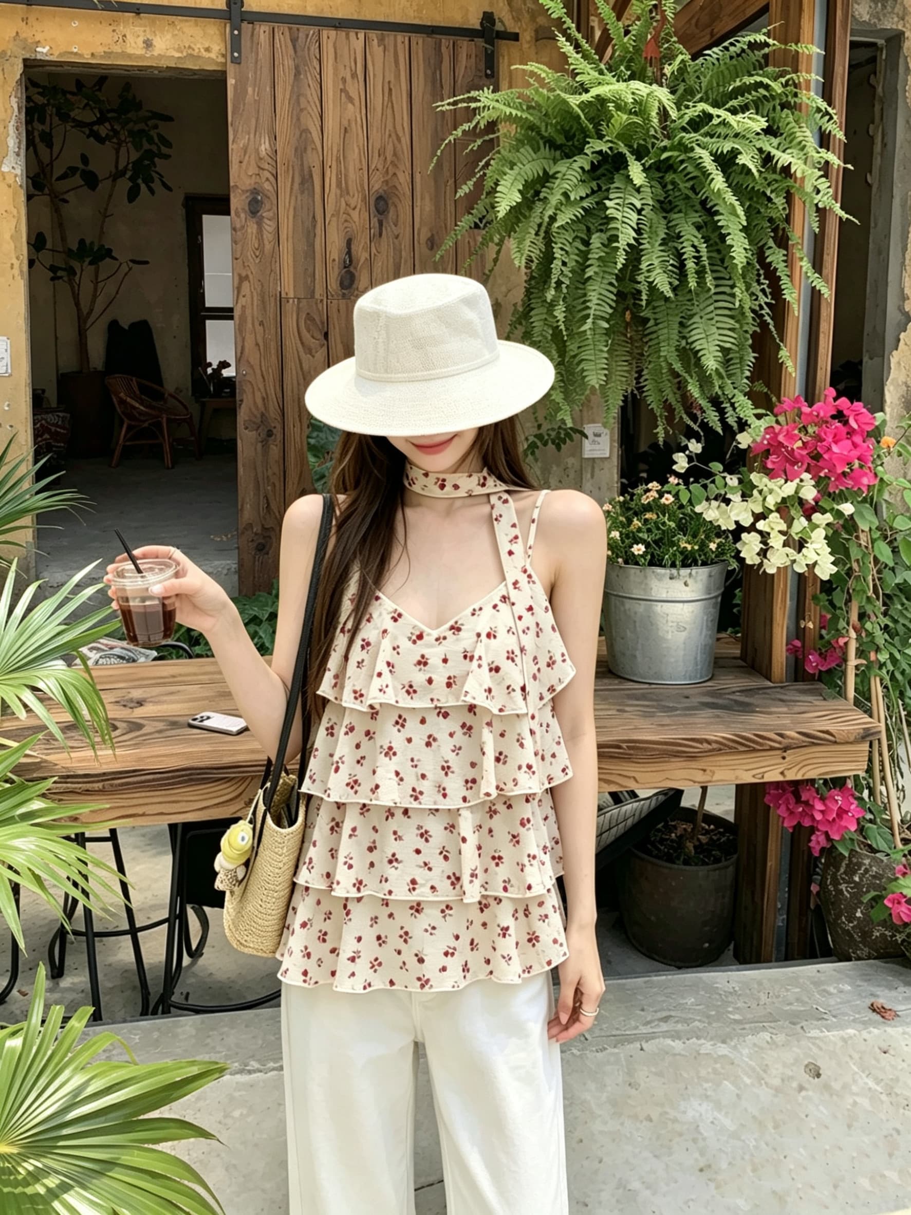정가 실사 휴가 바람 꽃무늬 캐미솔 디자인 센스 루즈핏 슬림해 보이는 셔츠 프릴 쉬폰 쇼트 스타일 맨위 상세 이미지 5