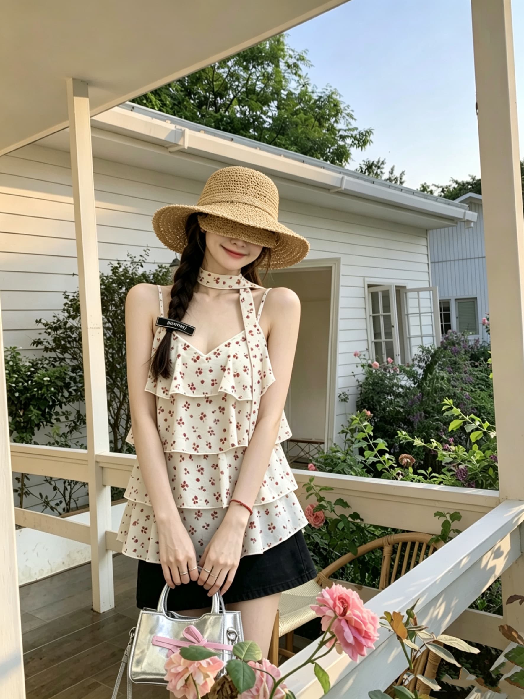 정가 실사 휴가 바람 꽃무늬 캐미솔 디자인 센스 루즈핏 슬림해 보이는 셔츠 프릴 쉬폰 쇼트 스타일 맨위 상세 이미지 7