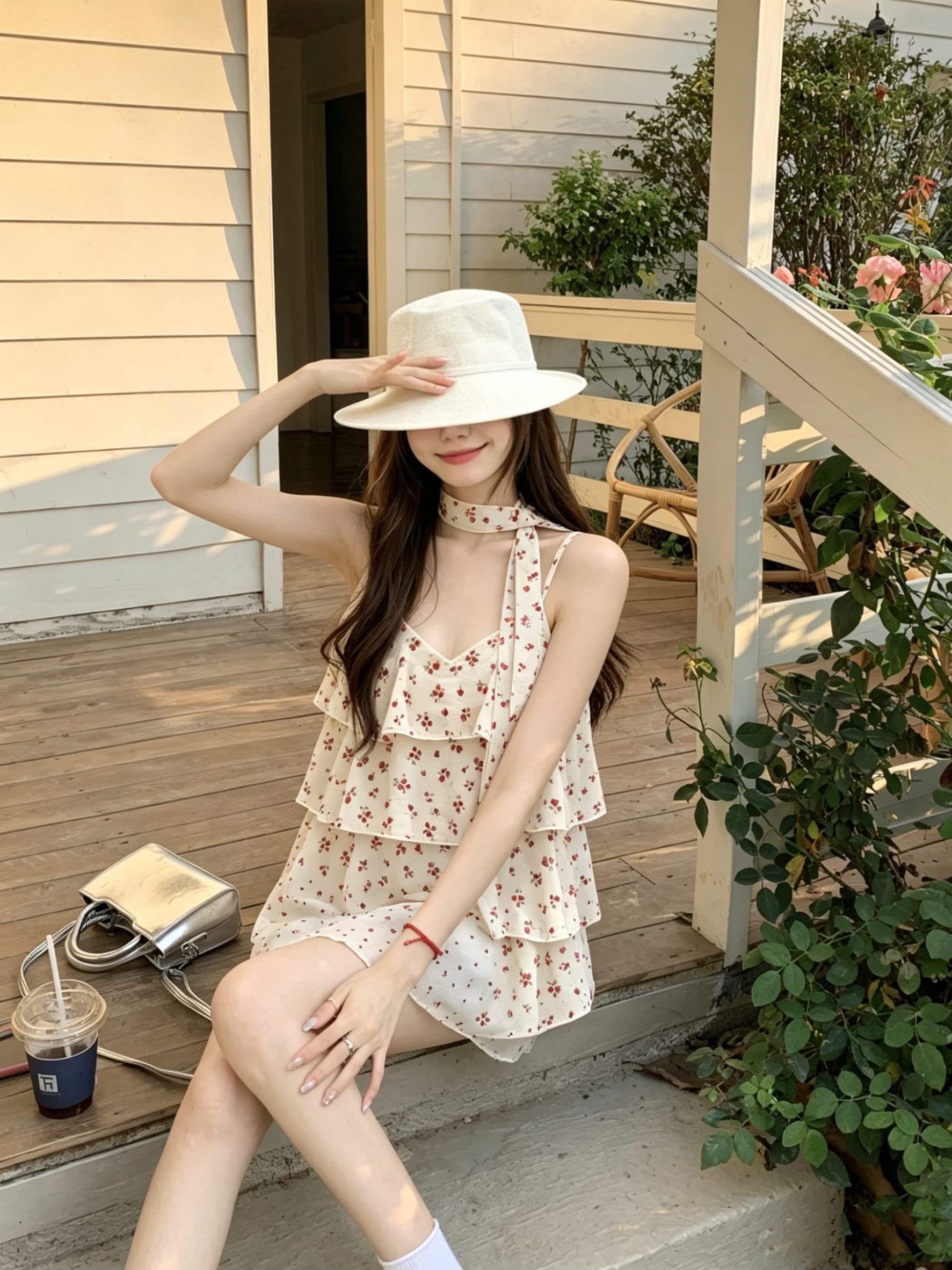 정가 실사 휴가 바람 꽃무늬 캐미솔 디자인 센스 루즈핏 슬림해 보이는 셔츠 프릴 쉬폰 쇼트 스타일 맨위 상세 이미지 9