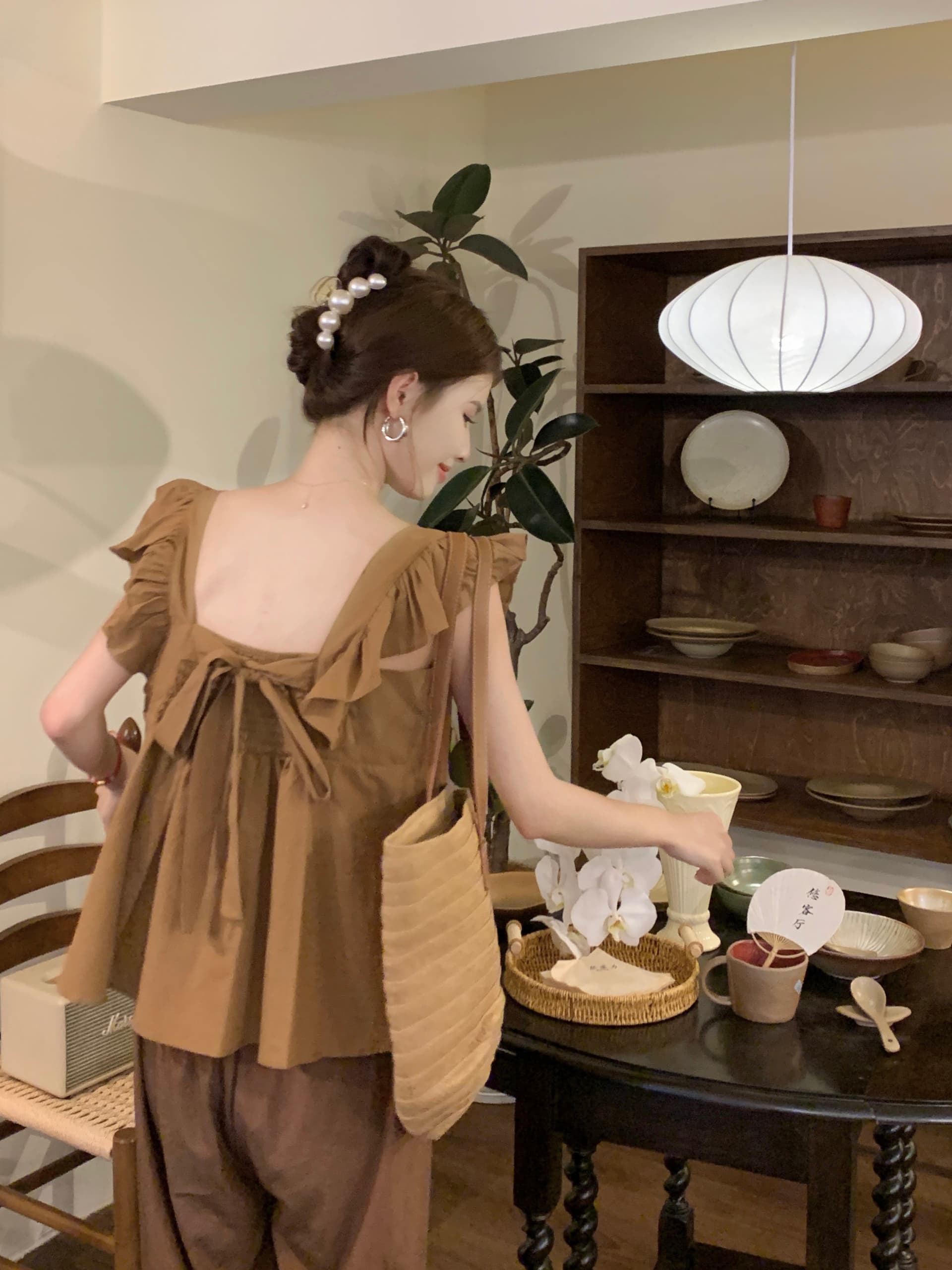 정가 실사 디자인 센스 나비 매듭 스트랩 Feifei 소매 여성 셔츠 여름 Chic 작은 대중 루즈핏 슬림해 보이는 맨위 상세 이미지 4