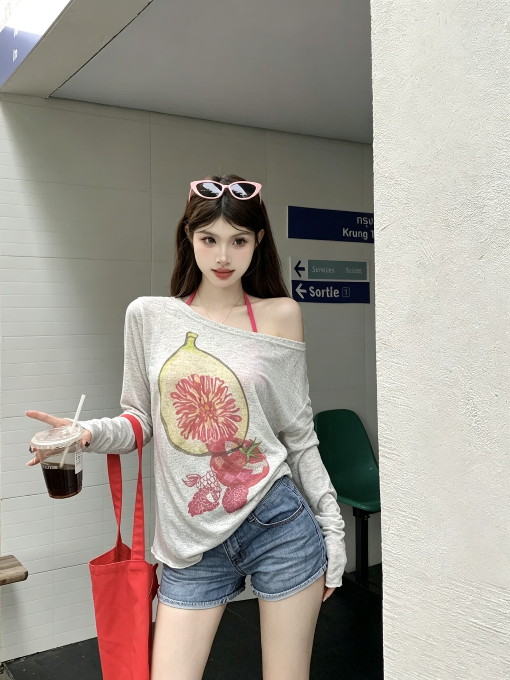 정가 실사 제인 가을 시간 언어 질감 Fig 프린트 니트 스웨터 여성 비스듬한 어깨 루즈핏 맨위 상세 이미지 3