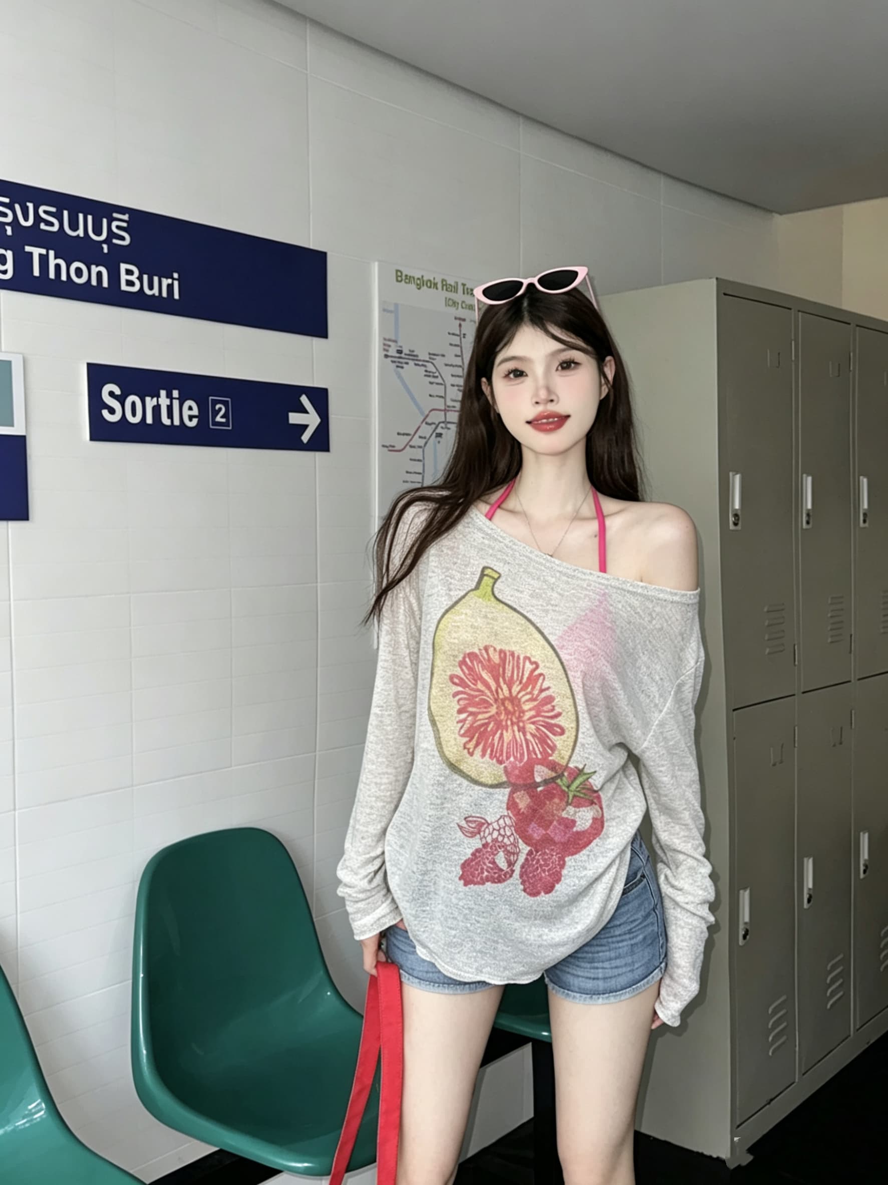 정가 실사 제인 가을 시간 언어 질감 Fig 프린트 니트 스웨터 여성 비스듬한 어깨 루즈핏 맨위 상세 이미지 6