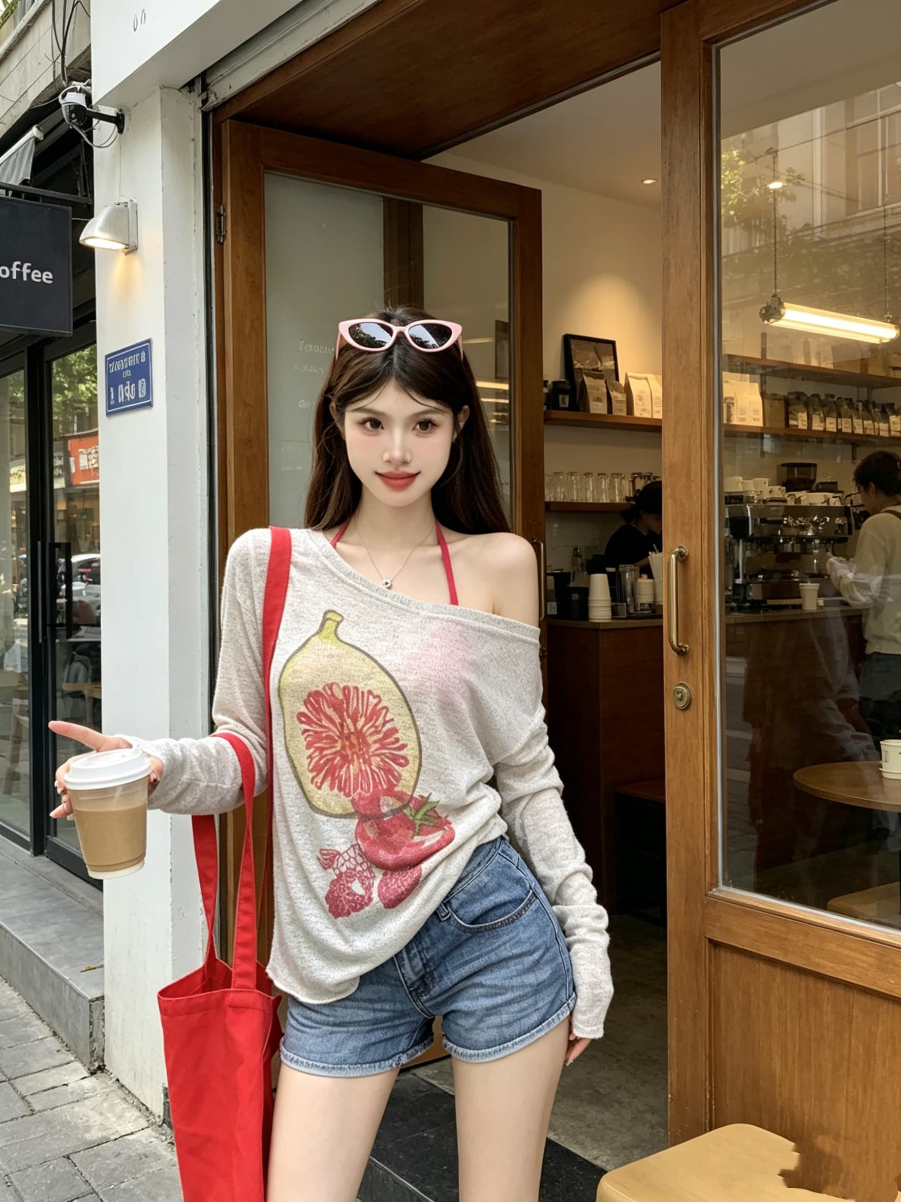 정가 실사 제인 가을 시간 언어 질감 Fig 프린트 니트 스웨터 여성 비스듬한 어깨 루즈핏 맨위 상세 이미지 8