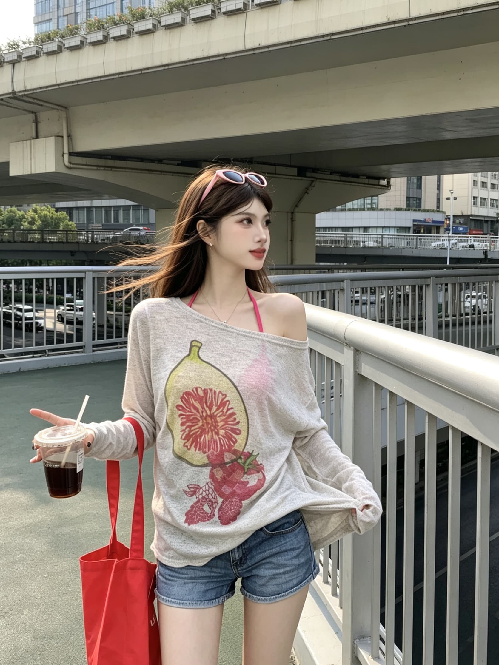 정가 실사 제인 가을 시간 언어 질감 Fig 프린트 니트 스웨터 여성 비스듬한 어깨 루즈핏 맨위 상세 이미지 9