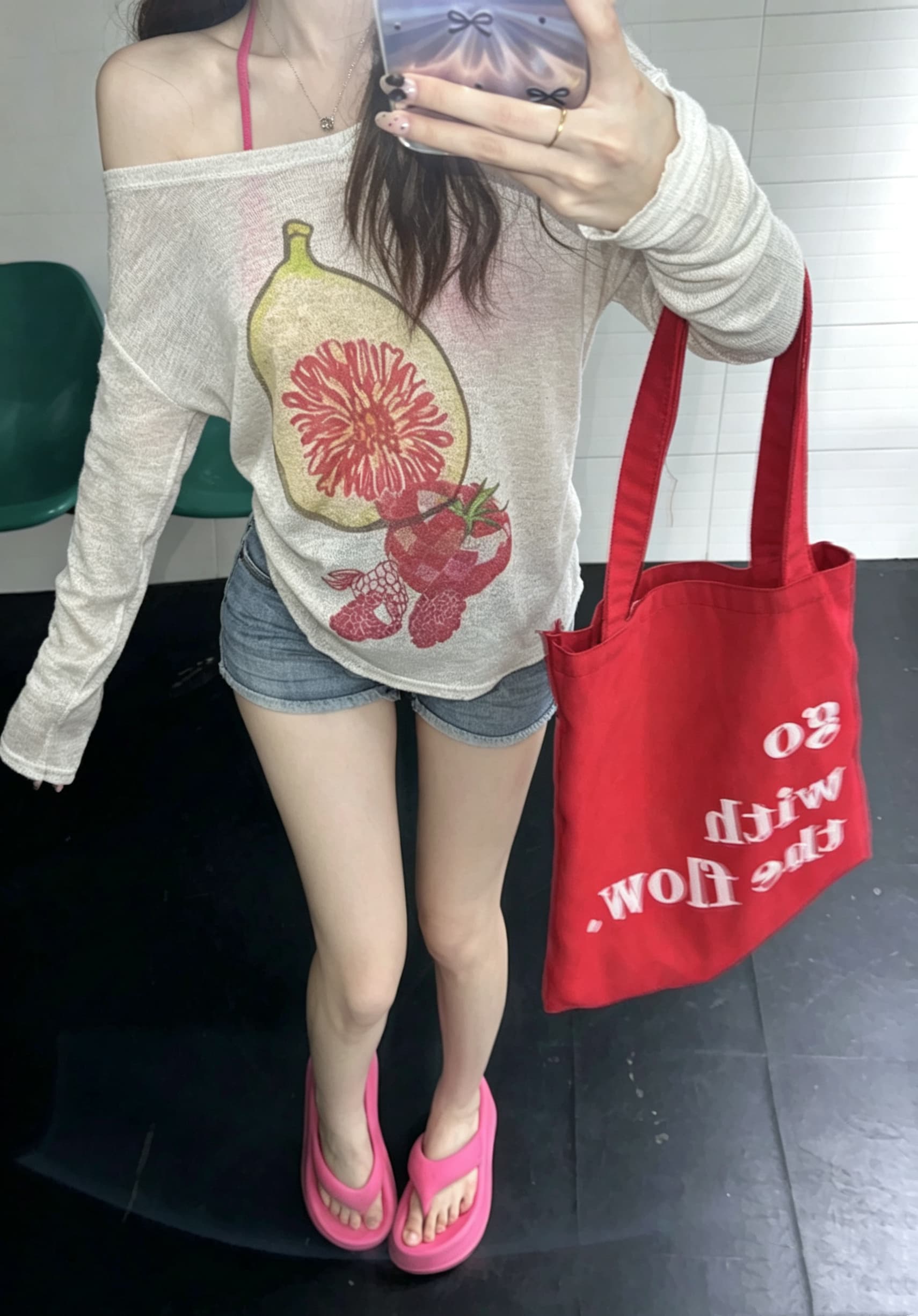 정가 실사 제인 가을 시간 언어 질감 Fig 프린트 니트 스웨터 여성 비스듬한 어깨 루즈핏 맨위 상세 이미지 11