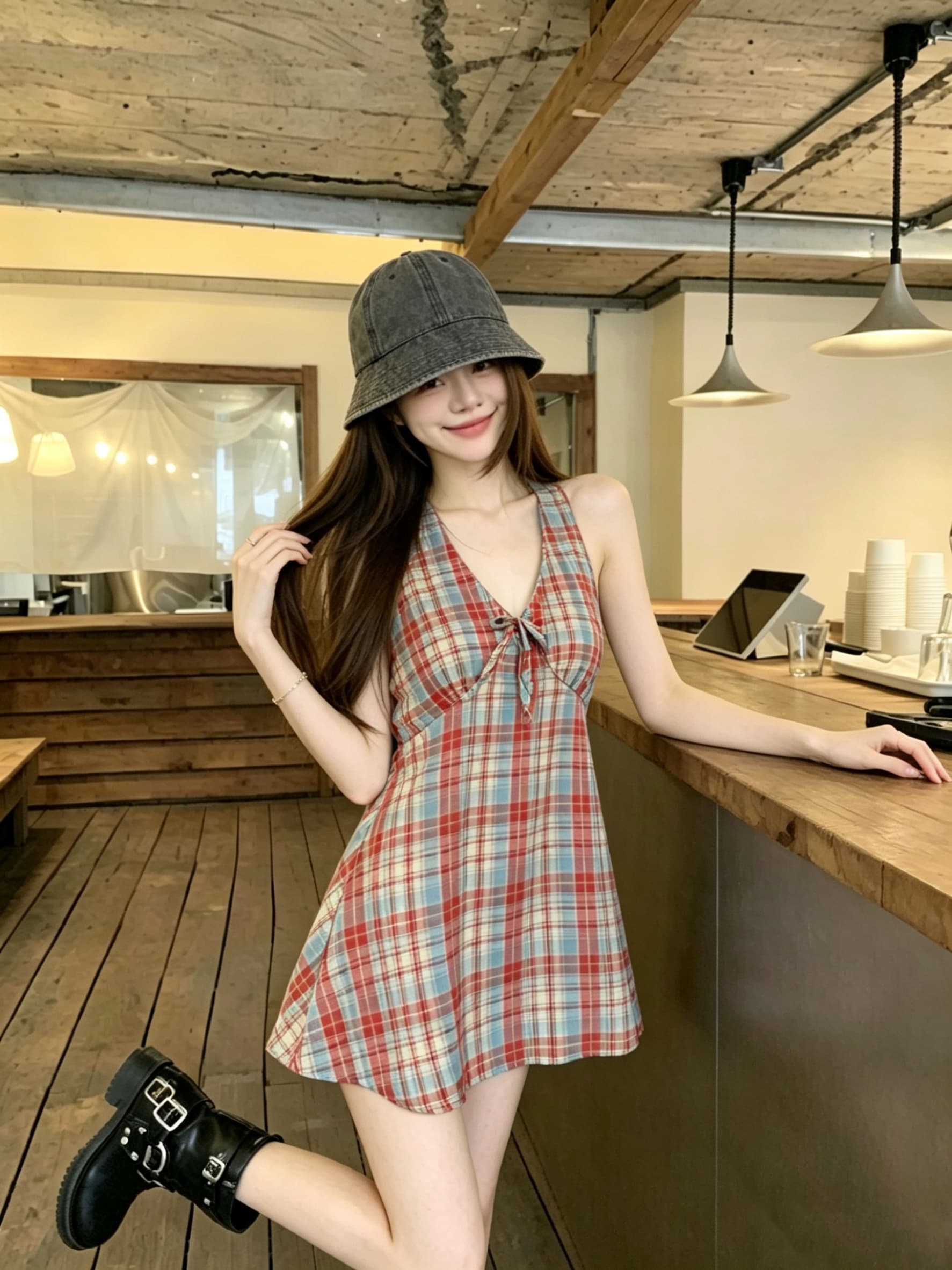 정가 실사 여름 프랑스식 고유 한 Chic 아름다운 체크무늬 행침 목 캐미솔 외출용 백리스 맨위 상세 이미지 1