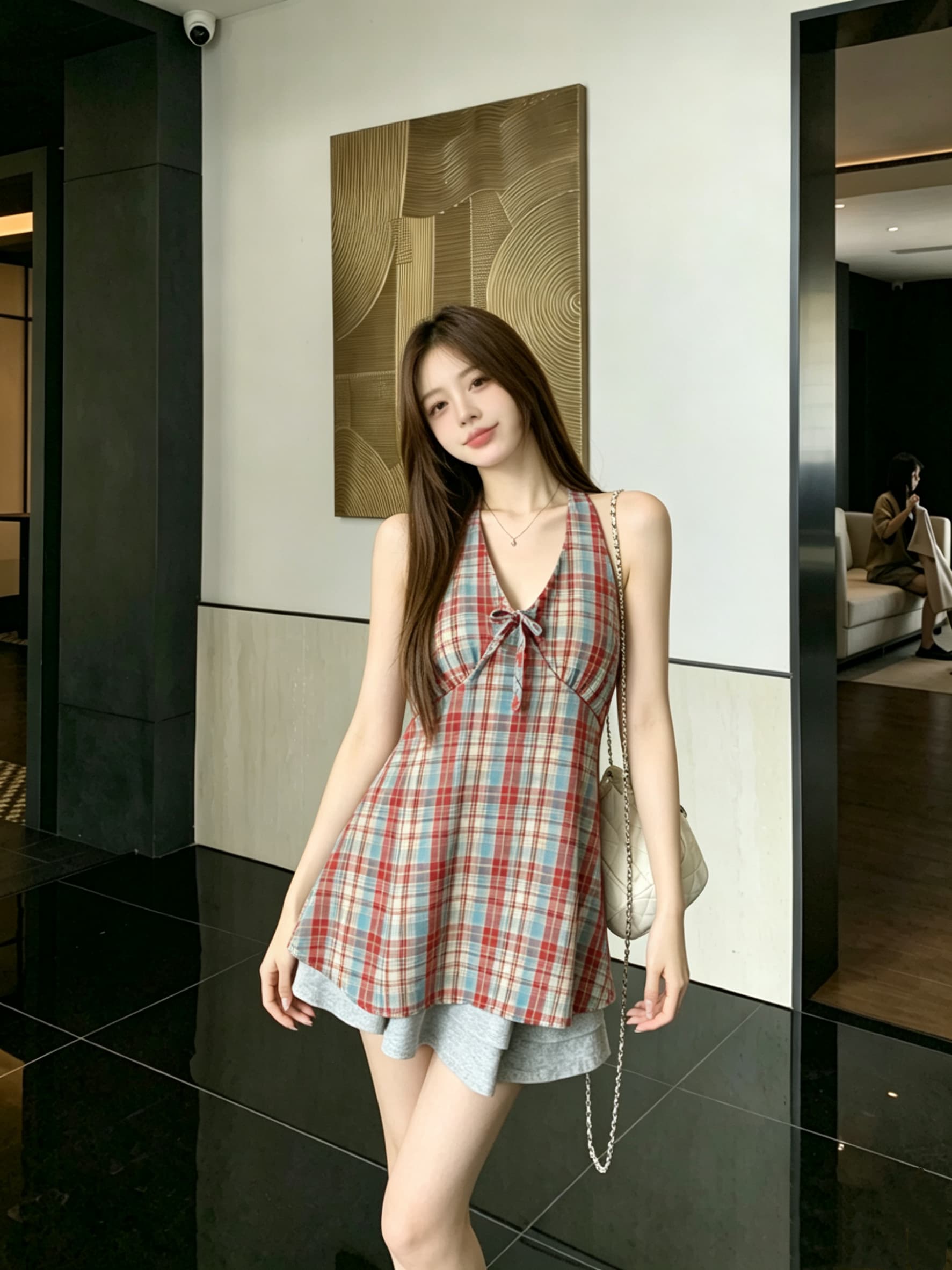정가 실사 여름 프랑스식 고유 한 Chic 아름다운 체크무늬 행침 목 캐미솔 외출용 백리스 맨위 상세 이미지 6