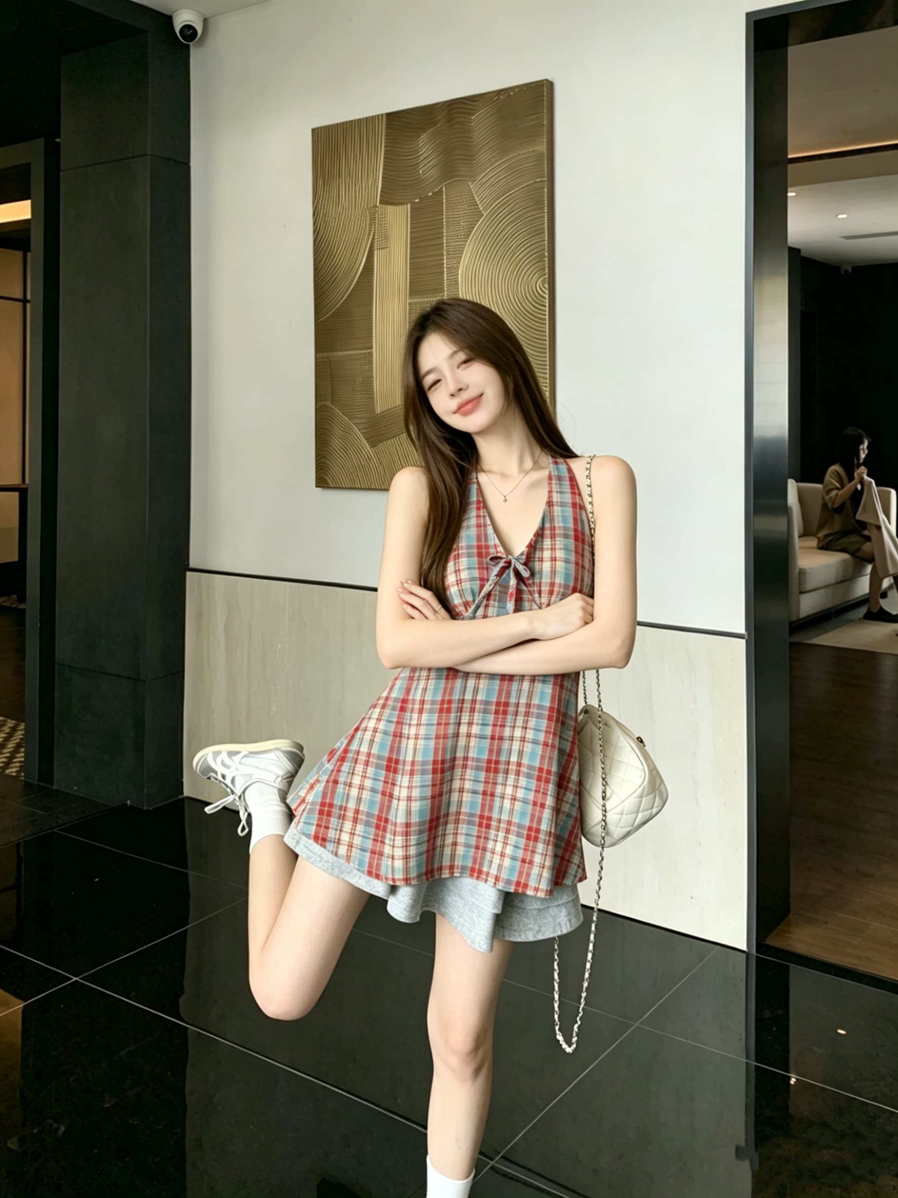 정가 실사 여름 프랑스식 고유 한 Chic 아름다운 체크무늬 행침 목 캐미솔 외출용 백리스 맨위 상세 이미지 9