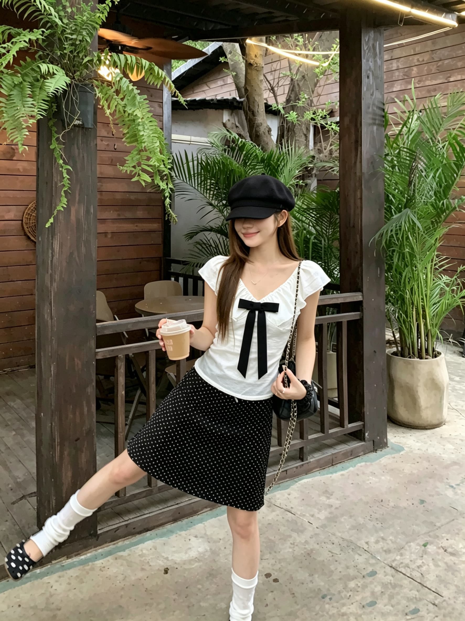 정가 실사 정원 영 접시 V넥 레이스업 나비 매듭 프릴 반팔 티셔츠 여성 여름 허리 수축 슬림해 보이는 맨위 상세 이미지 7