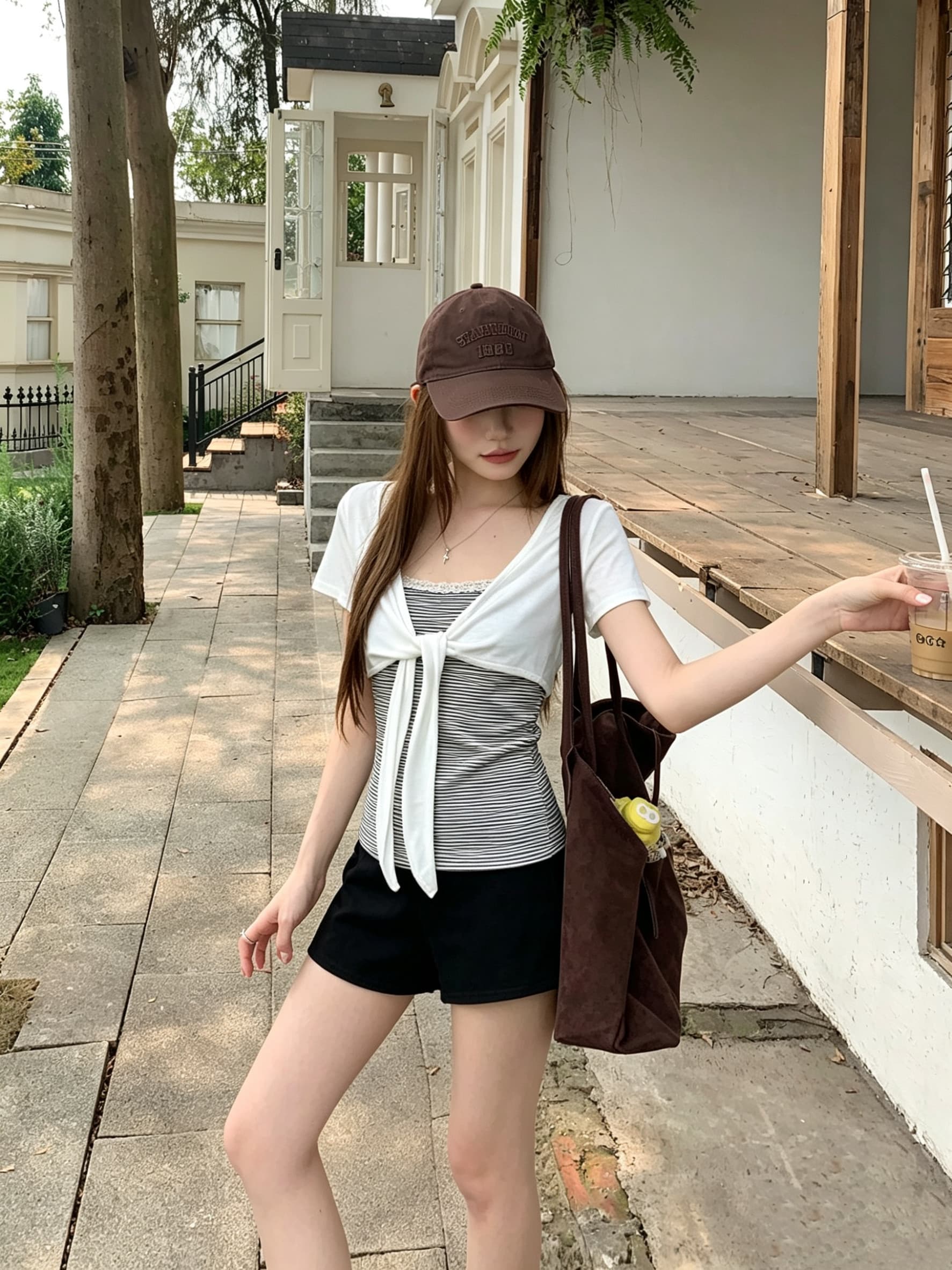 정가 실사 스트라이프 페이크 레이어드 반팔 티셔츠 여성 여름 한 부서 디자인 센스 V넥 스트랩 나비 매듭 맨위 상세 이미지 3