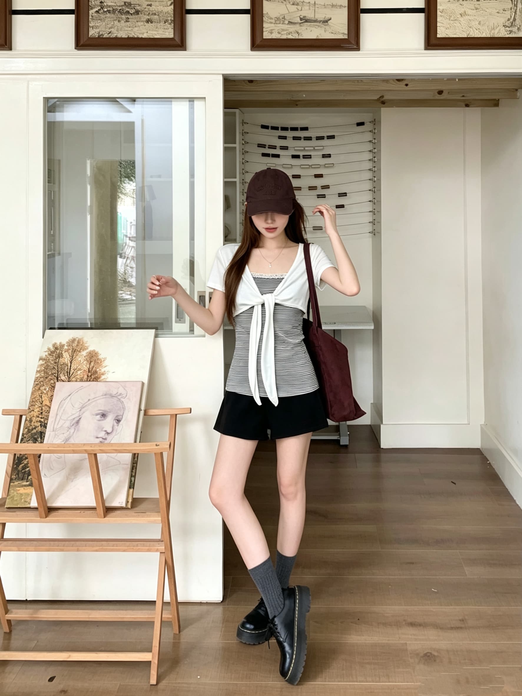 정가 실사 스트라이프 페이크 레이어드 반팔 티셔츠 여성 여름 한 부서 디자인 센스 V넥 스트랩 나비 매듭 맨위 상세 이미지 8