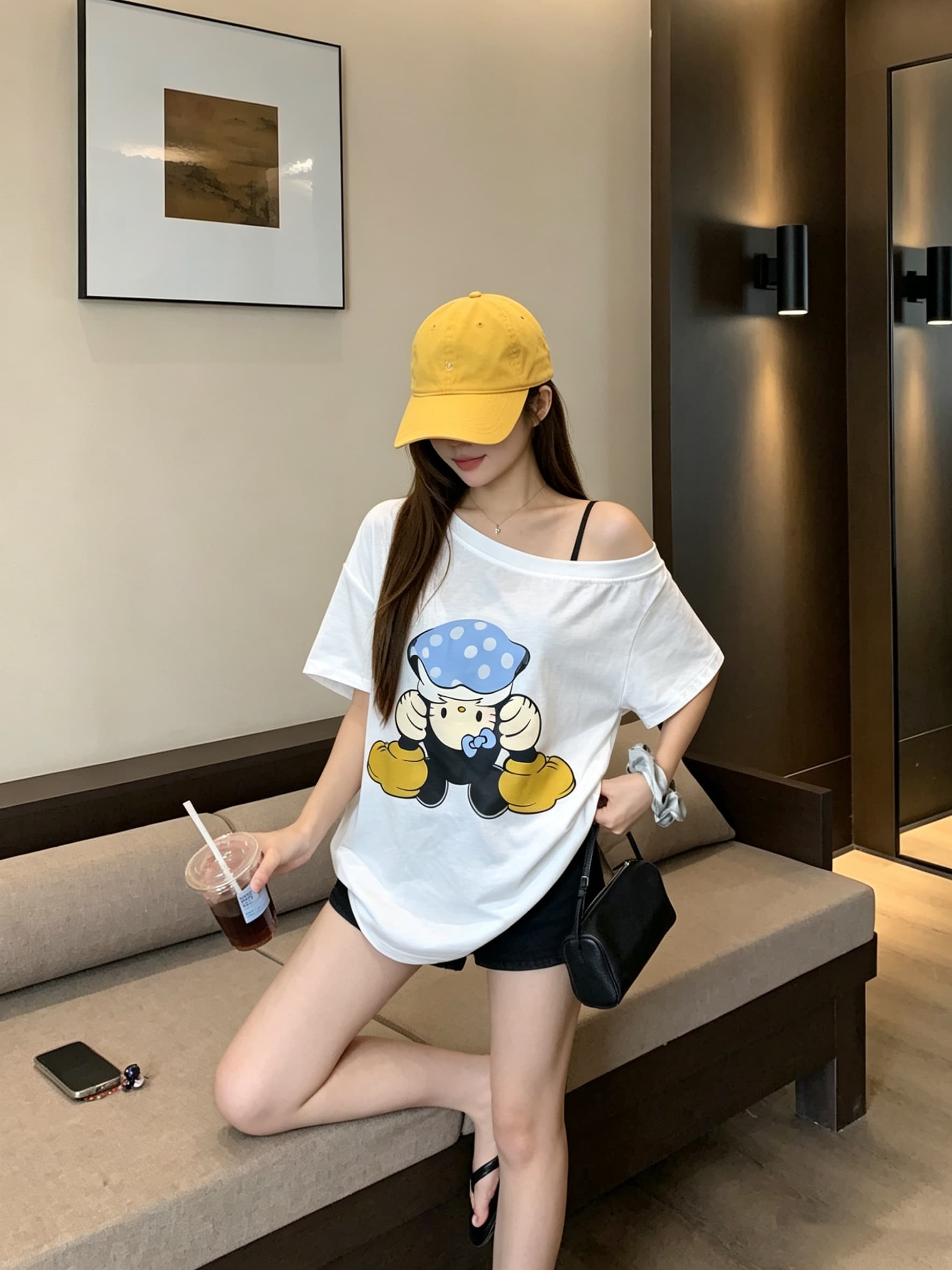 정가 실사 플립 고양이 소스 만화 프린트 비스듬한 어깨 반팔 티셔츠 여성 루즈핏 대 에디션 디자인 센스 오프숄더 맨위 상세 이미지 5