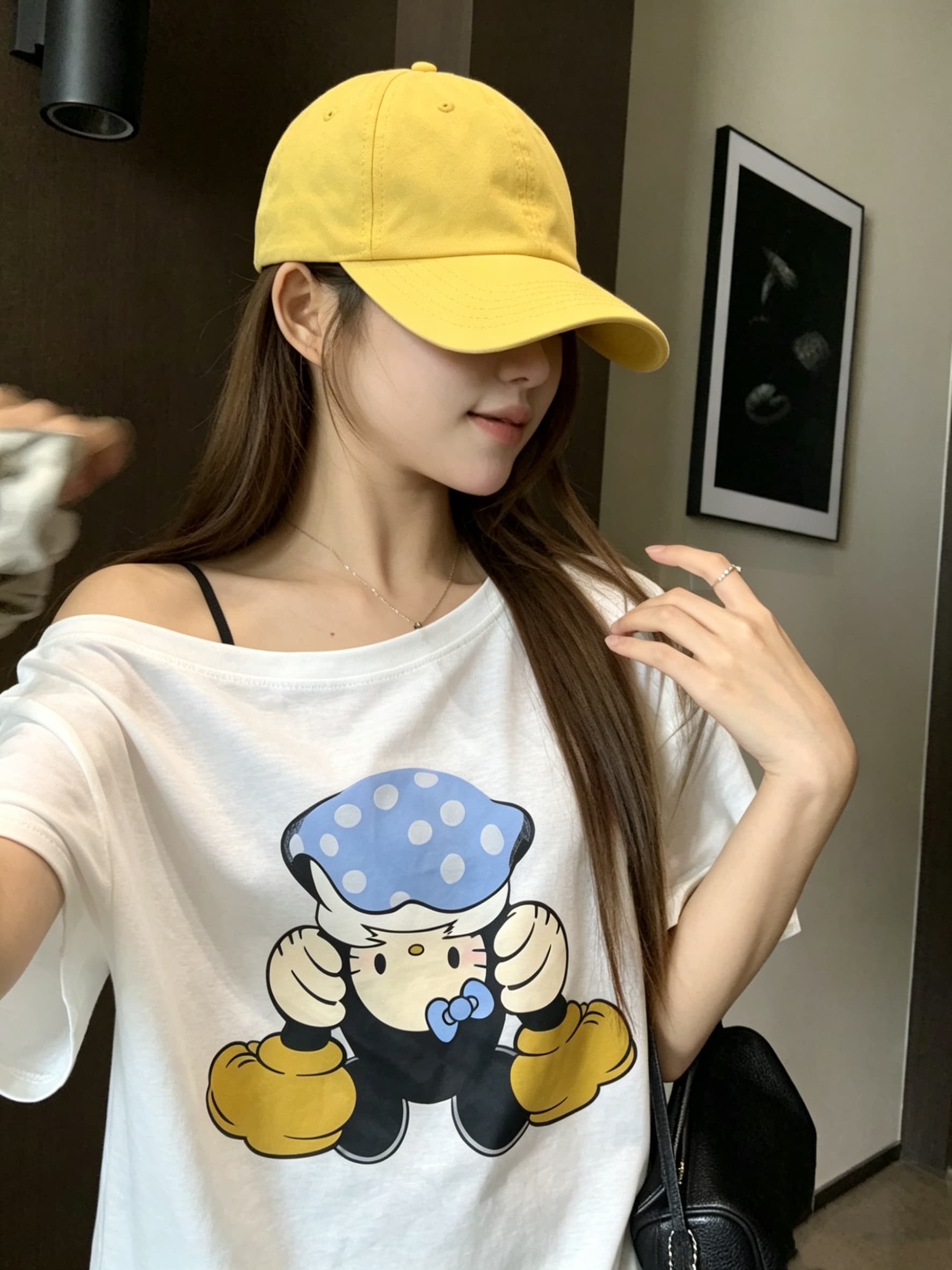 정가 실사 플립 고양이 소스 만화 프린트 비스듬한 어깨 반팔 티셔츠 여성 루즈핏 대 에디션 디자인 센스 오프숄더 맨위 상세 이미지 6