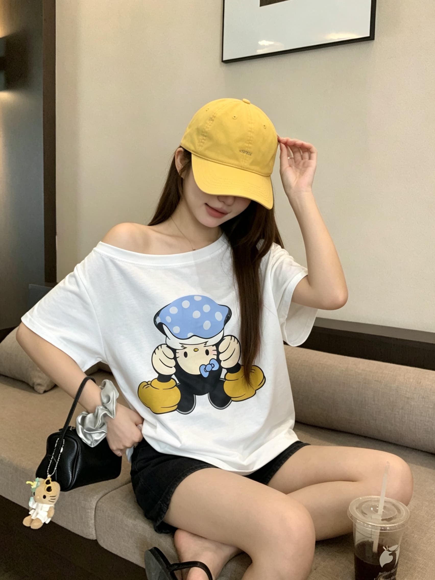 정가 실사 플립 고양이 소스 만화 프린트 비스듬한 어깨 반팔 티셔츠 여성 루즈핏 대 에디션 디자인 센스 오프숄더 맨위 상세 이미지 7