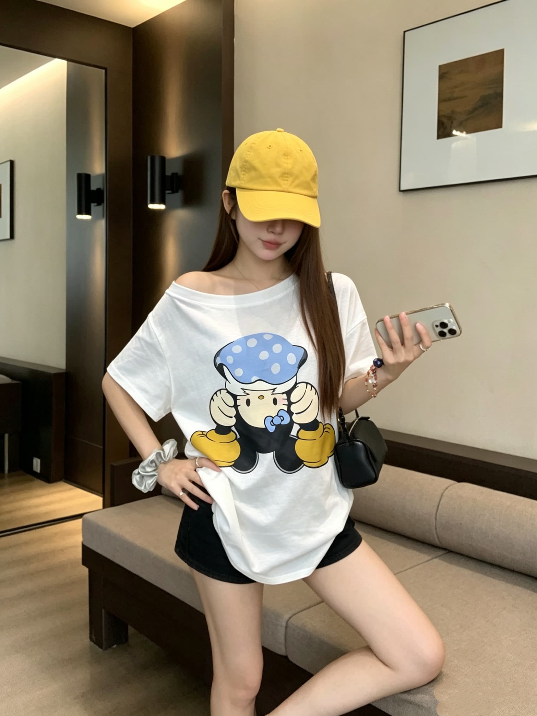 정가 실사 플립 고양이 소스 만화 프린트 비스듬한 어깨 반팔 티셔츠 여성 루즈핏 대 에디션 디자인 센스 오프숄더 맨위 상세 이미지 9