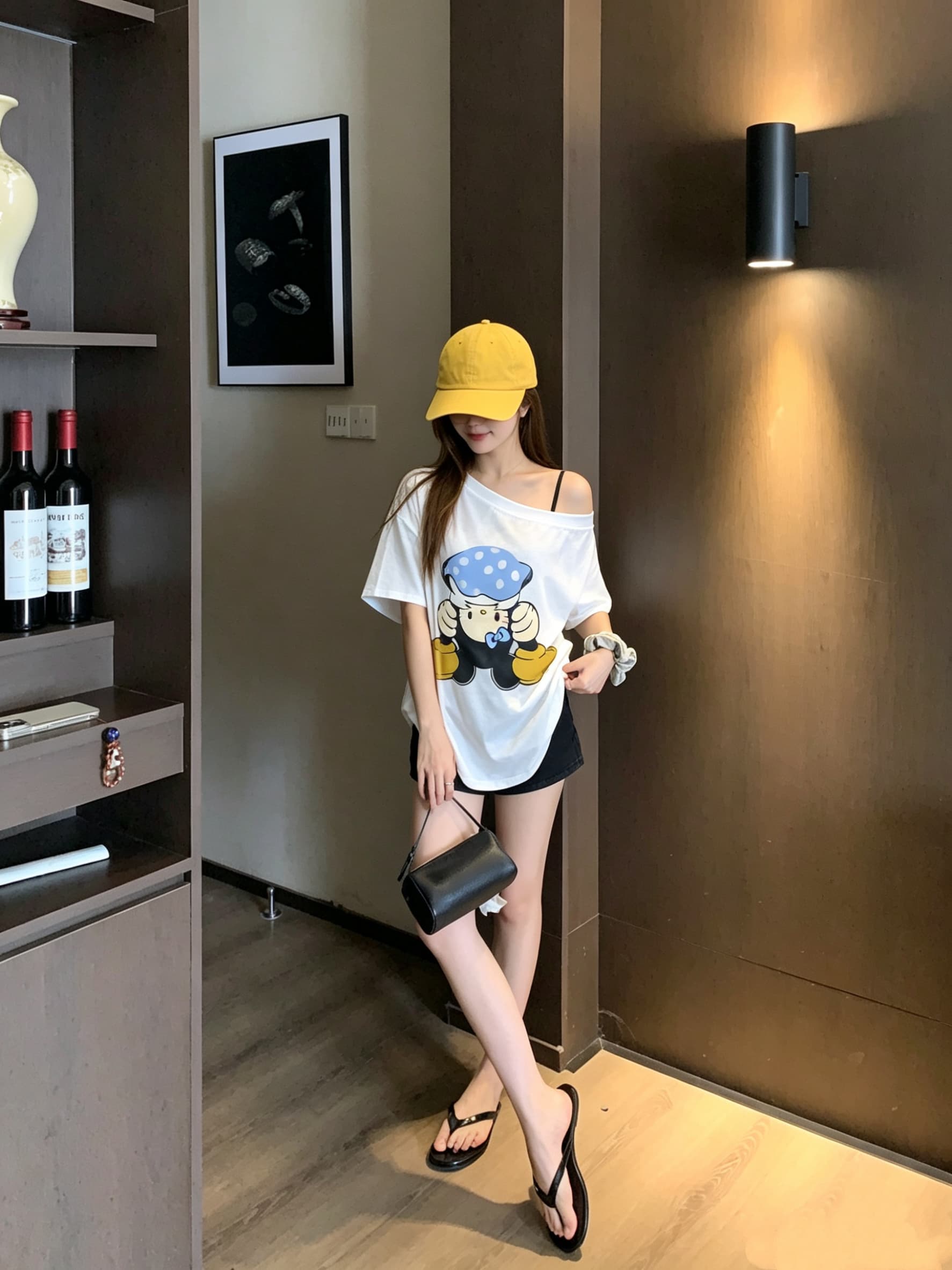정가 실사 플립 고양이 소스 만화 프린트 비스듬한 어깨 반팔 티셔츠 여성 루즈핏 대 에디션 디자인 센스 오프숄더 맨위 상세 이미지 12