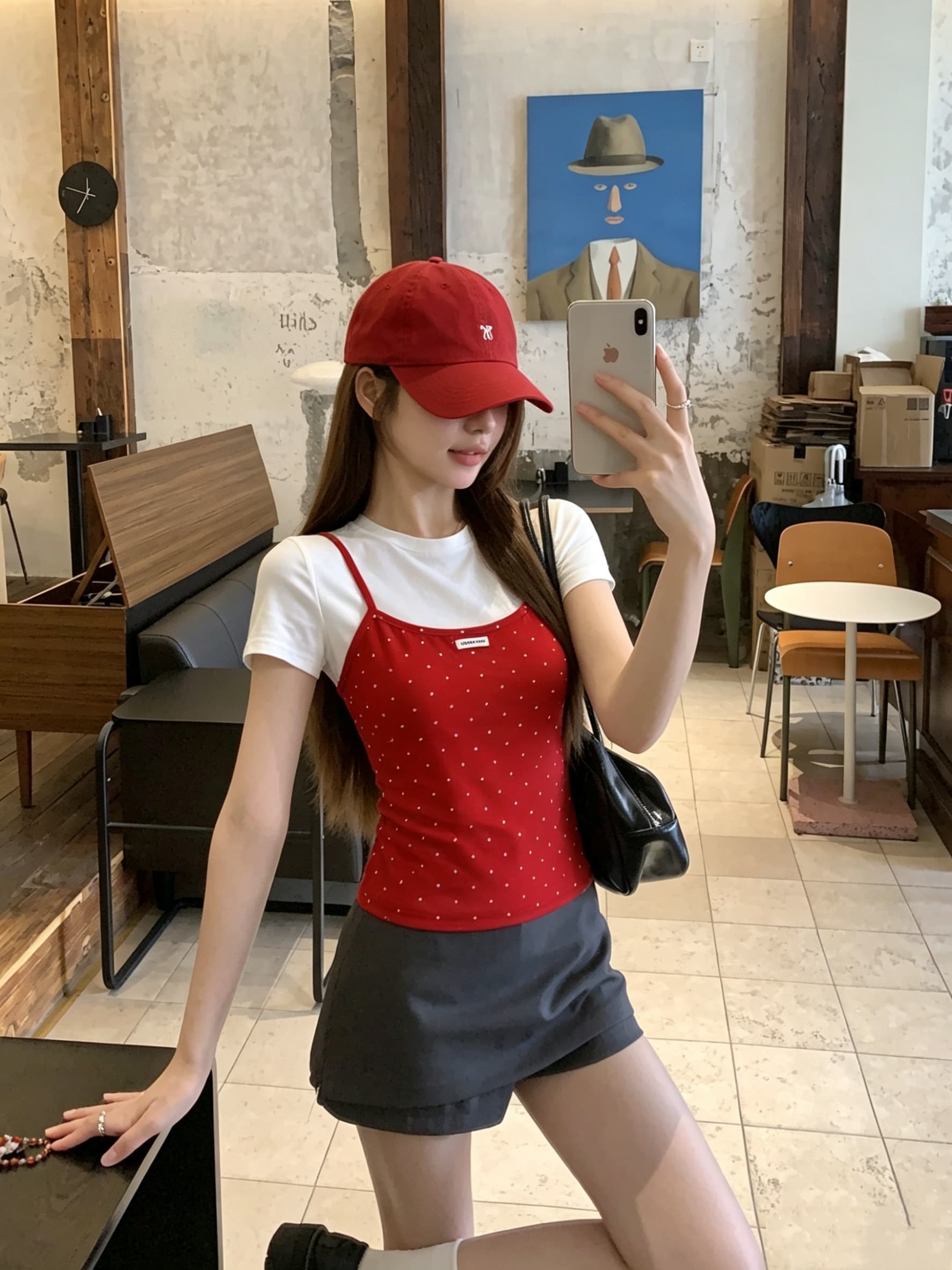 정가 실사 빨간색 페이크 레이어드 라운드 넥 긍정적 인 어깨 반팔 티셔츠 여름 한 부서 몸매 가꾸기 슬림해 보이는 디자인 센스 맨위 상세 이미지 1