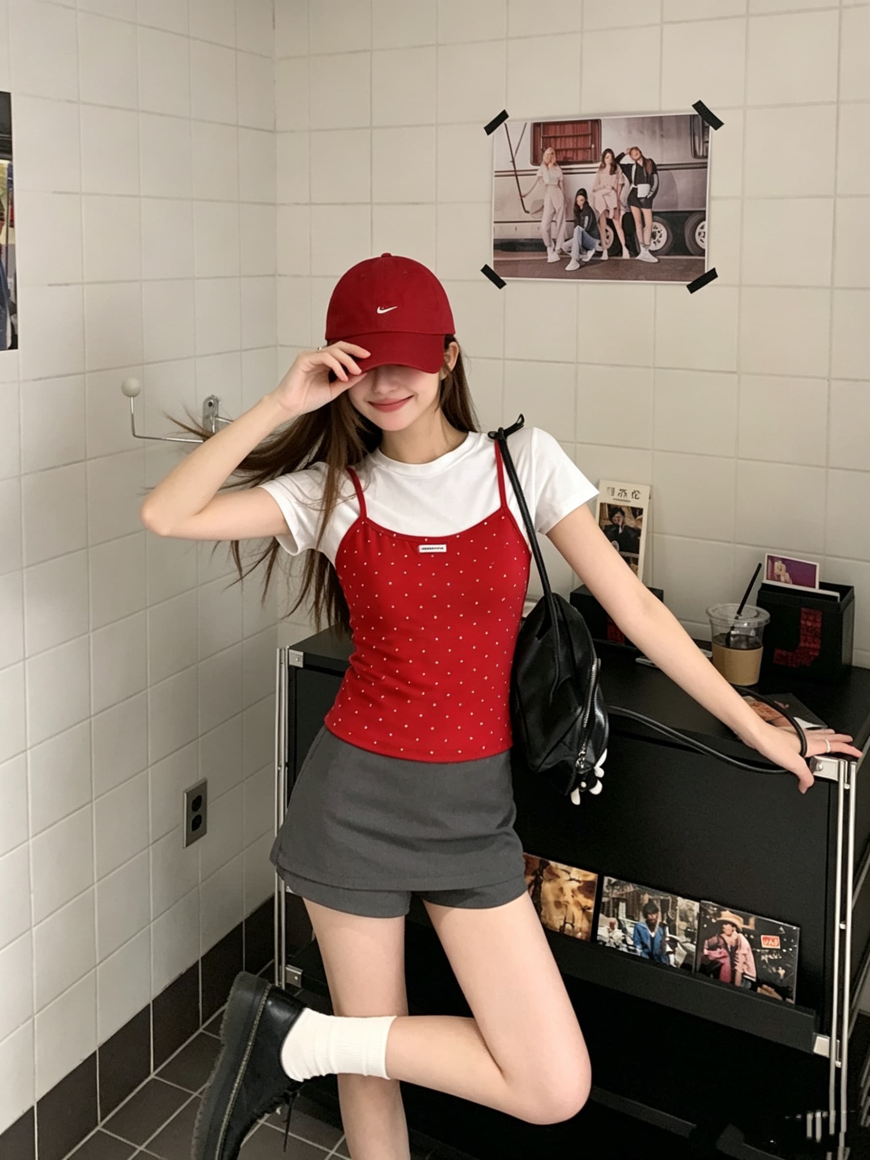 정가 실사 빨간색 페이크 레이어드 라운드 넥 긍정적 인 어깨 반팔 티셔츠 여름 한 부서 몸매 가꾸기 슬림해 보이는 디자인 센스 맨위 상세 이미지 2