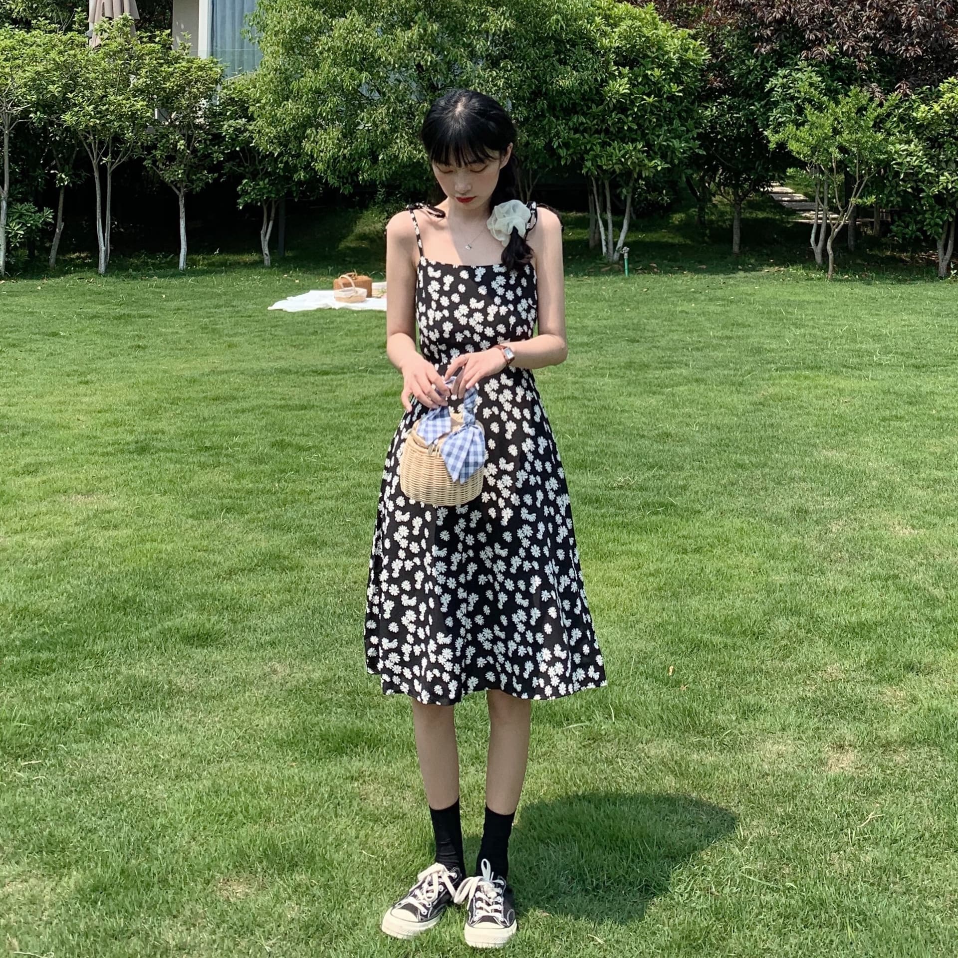 정가 실사 실사 레트로 슈퍼 요정 데이지 꽃무늬 여성 드레스 작은 키 롱 스커트 슬립 드레스 상세 이미지 3
