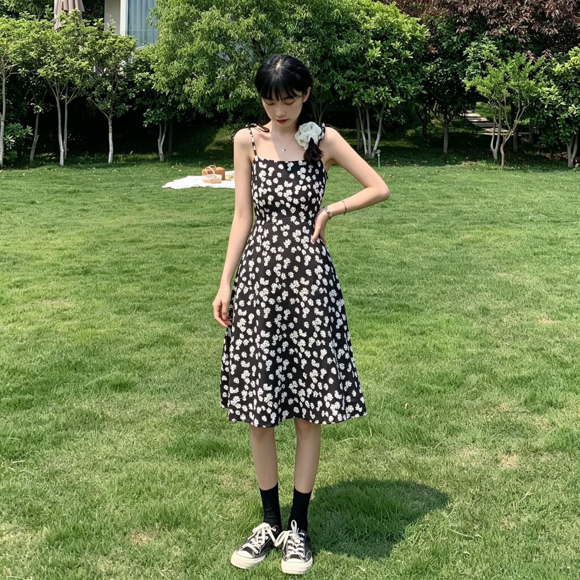 정가 실사 실사 레트로 슈퍼 요정 데이지 꽃무늬 여성 드레스 작은 키 롱 스커트 슬립 드레스 상세 이미지 4