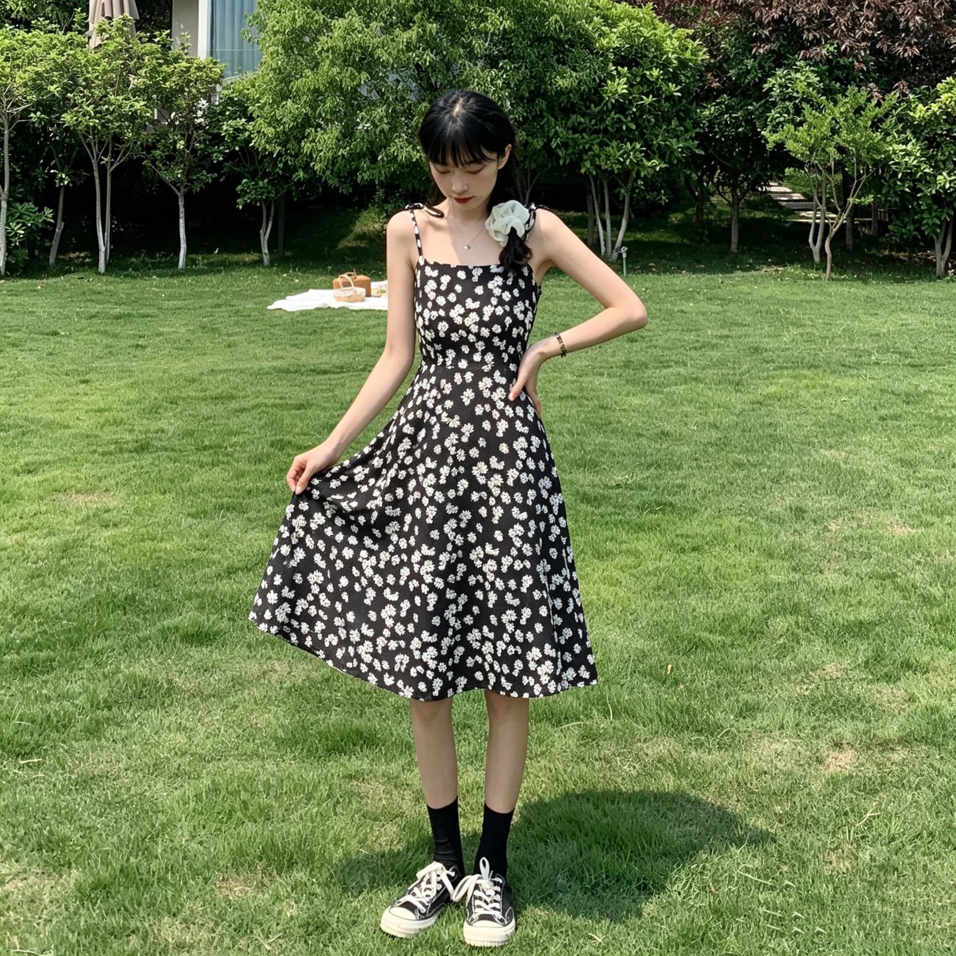 정가 실사 실사 레트로 슈퍼 요정 데이지 꽃무늬 여성 드레스 작은 키 롱 스커트 슬립 드레스 상세 이미지 5