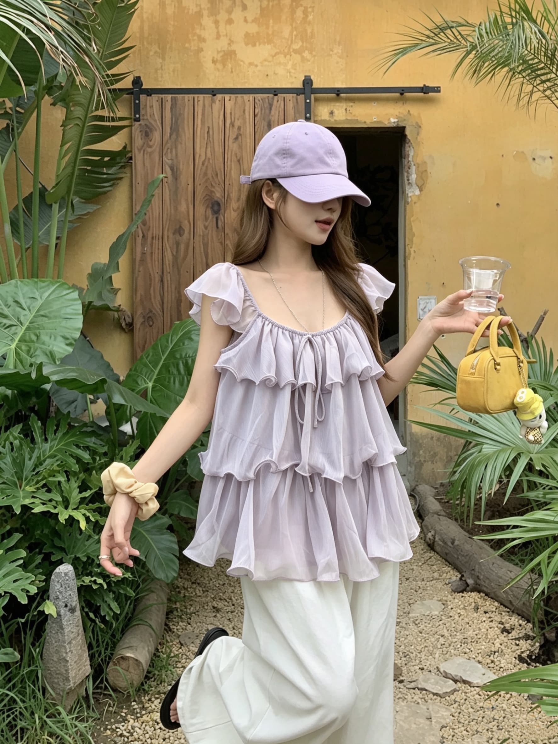 정가 실사 달콤한 스타일 보라색 프릴 Feifei 소매 작은 셔츠 루즈핏 셔츠 여성 의류 한 부서 부드러운 바람 맨위 상세 이미지 3