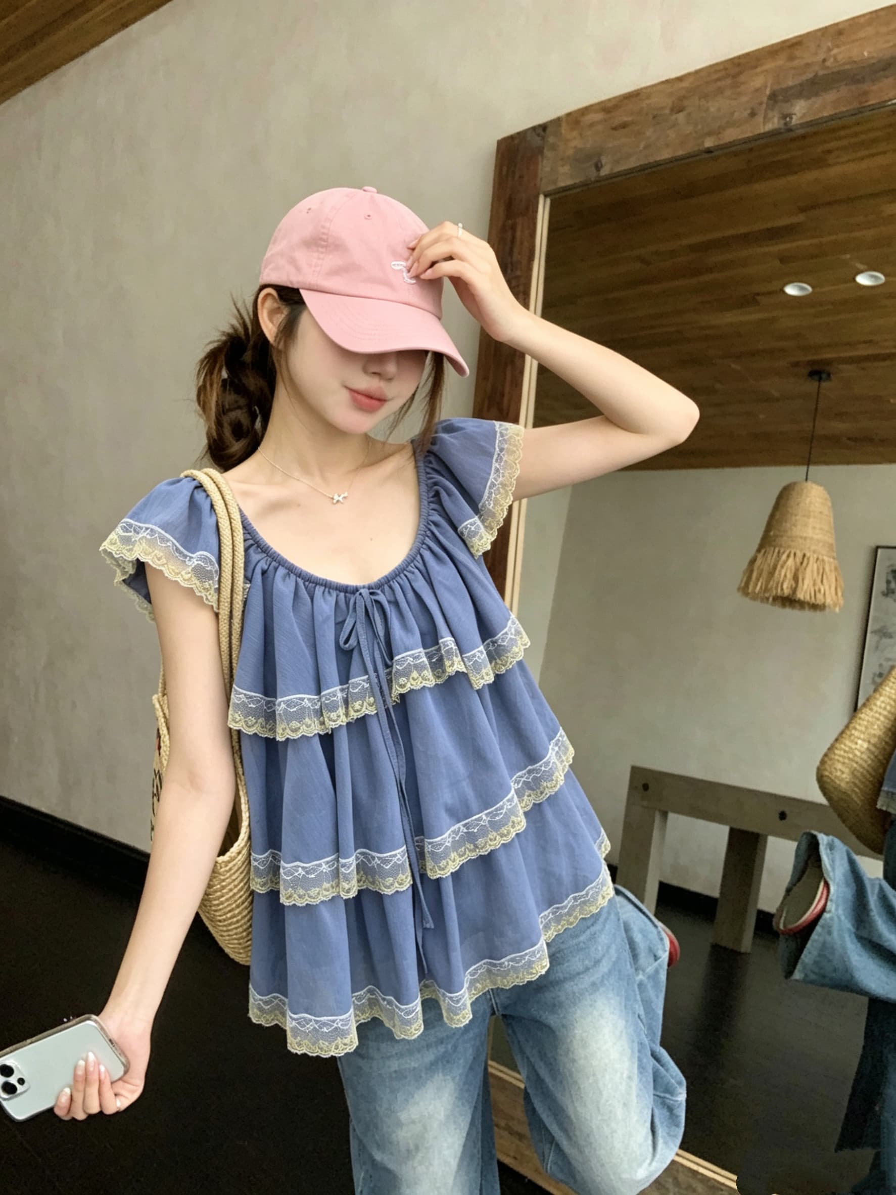 정가 실사 캐주얼 바람 Feifei 소매 루즈핏 레이스업 프릴 레이스 조각 작은 셔츠 여성 2026 여름 상세 이미지 2