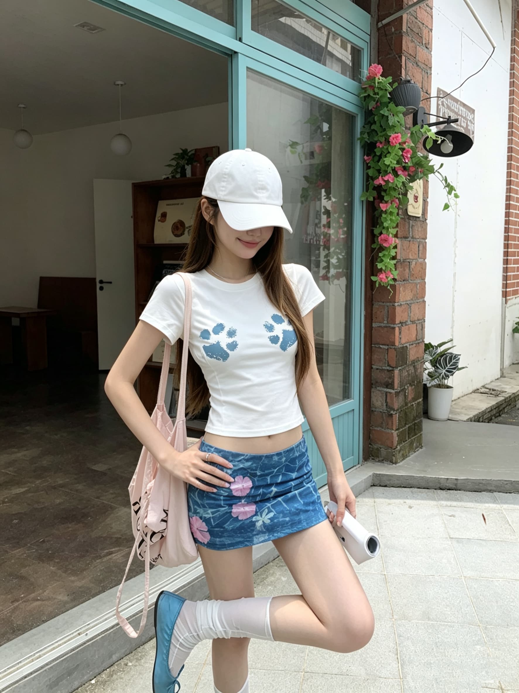 정가 실사 아메리칸 핫걸 단단한 높이 폭탄 반팔 긍정적 인 어깨 티셔츠 여성 여름 귀여운 고양이 발톱 프린트 맨위