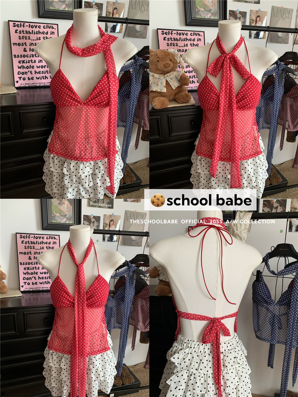 정가 실사 쉬운 꿈 링 같은 단락 도트 무늬 V넥 행침 목 슬립 여름 착용 가져 가라. 핫걸 섹시함 백리스 리본 맨위 상세 이미지 1