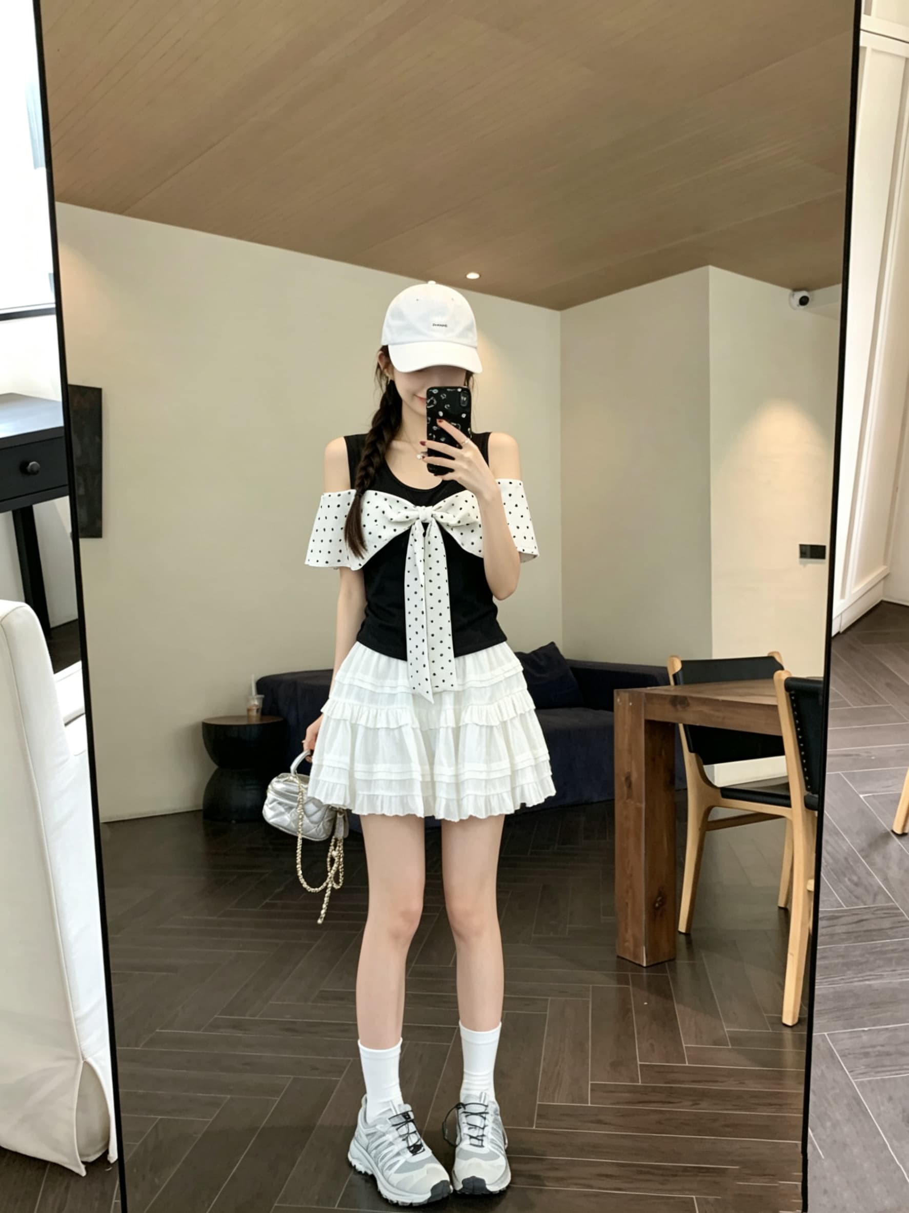 정가 실사 검정색 도트 무늬 페이크 레이어드 반팔 티셔츠 여름 한 부서 몸매 가꾸기 나비 매듭 디자인 오프숄더 맨위 상세 이미지 5